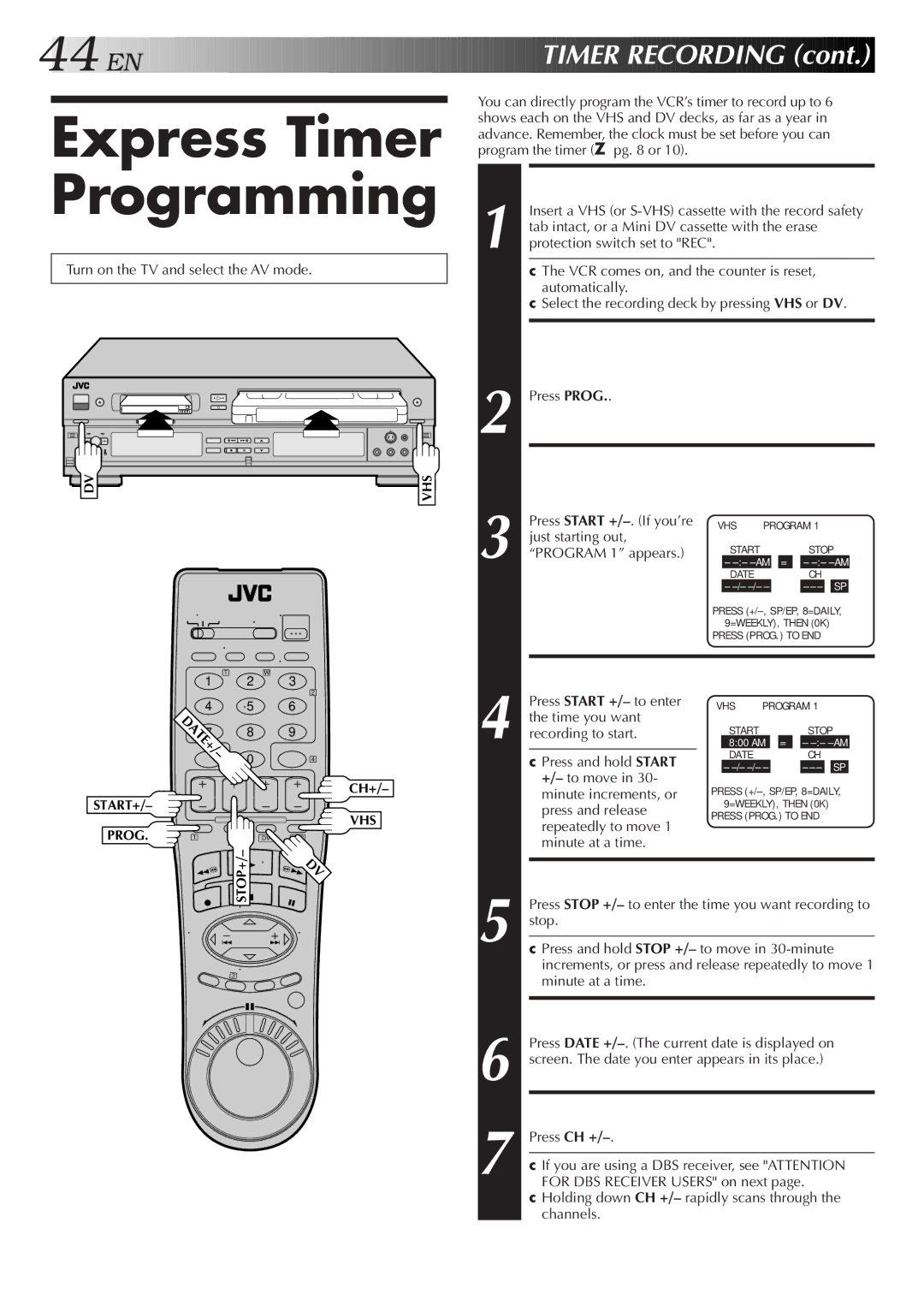 JVC Model HR-DVS1U manual Express Timer Programming, SET Program Date, SET Channel Number 