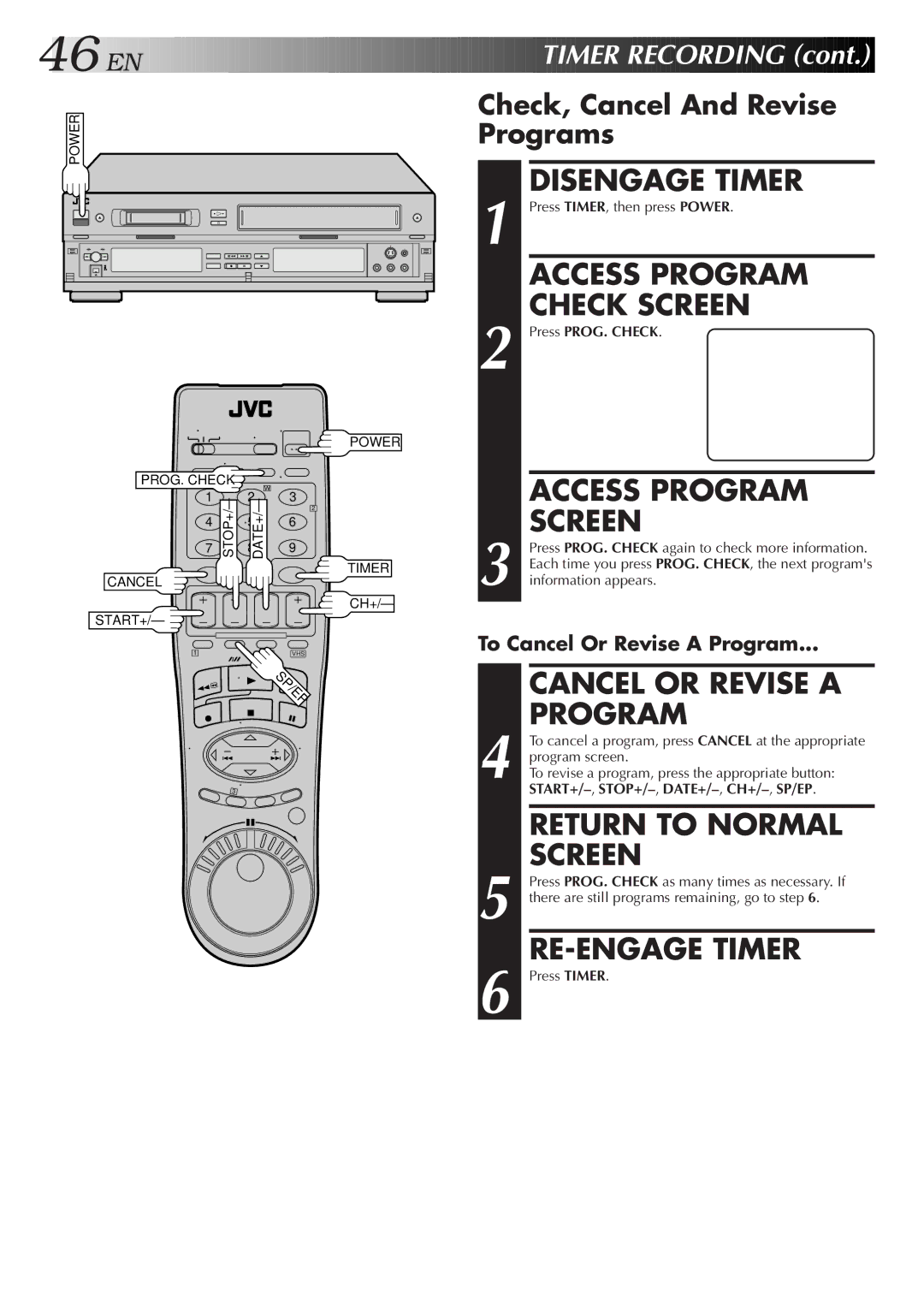 JVC Model HR-DVS1U manual Access Program Check Screen, Access Program Screen, Check, Cancel And Revise Programs 