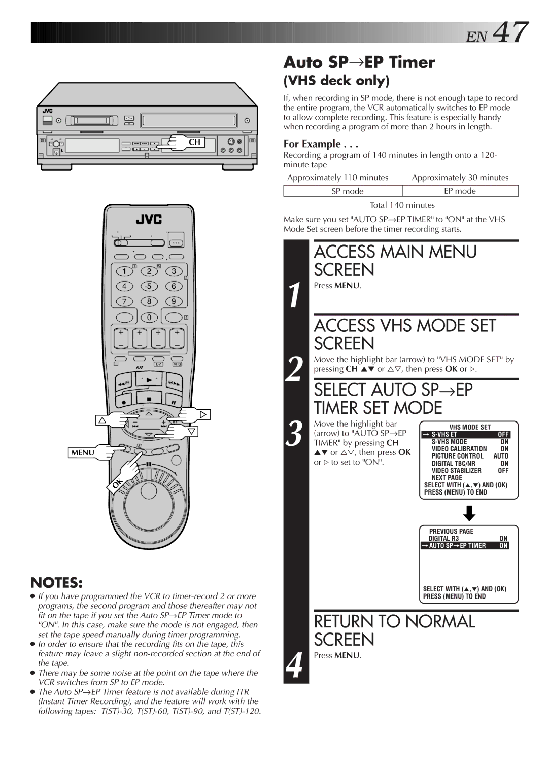 JVC Model HR-DVS1U manual Select Auto SP →EP Timer SET Mode, Auto SP→EP Timer 