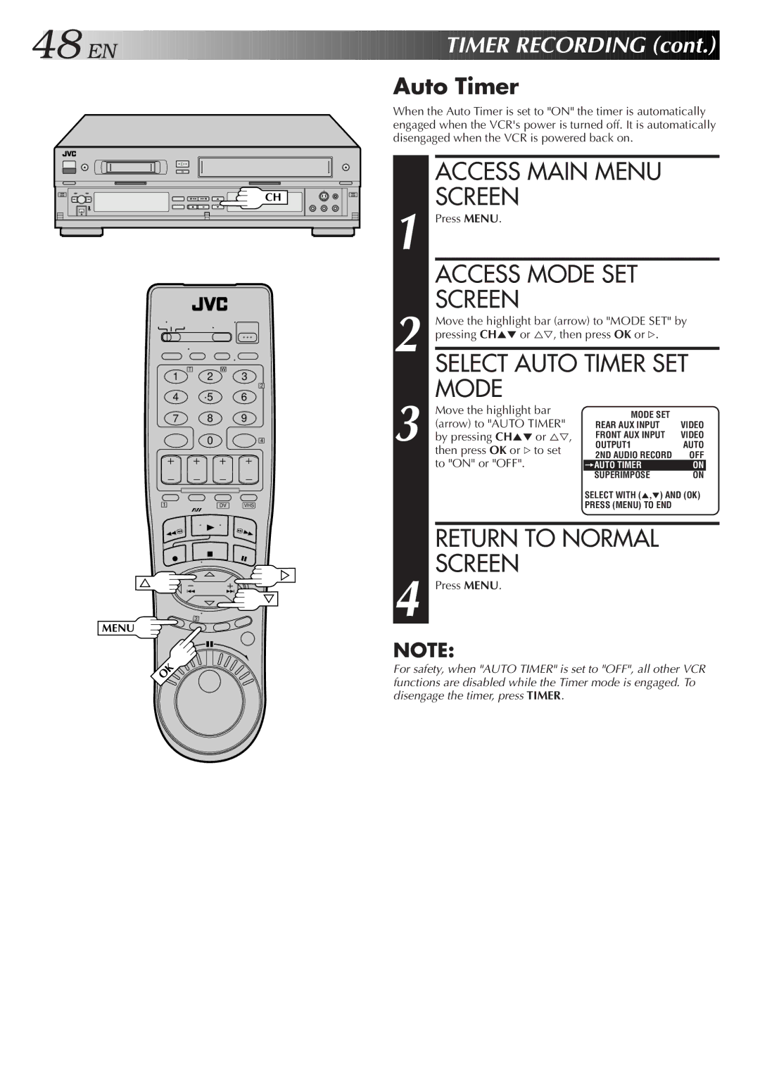 JVC Model HR-DVS1U manual Timer Recording, Arrow to Auto Timer, Then press OK or # to set, To on or OFF 