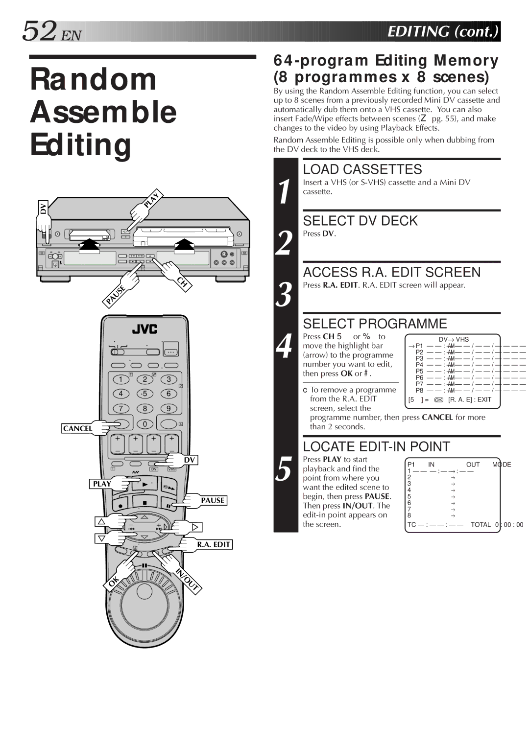 JVC Model HR-DVS1U manual Random Assemble Editing, Program Editing Memory 8 programmes x 8 scenes, Locate EDIT-IN Point 