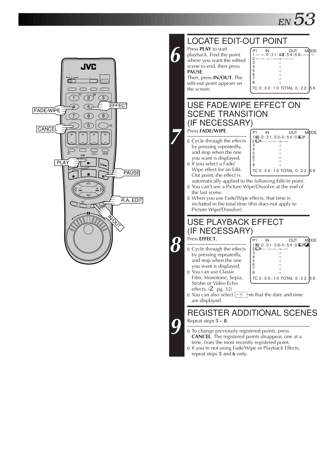 JVC Model HR-DVS1U manual Locate EDIT-OUT Point, USE FADE/WIPE Effect on Scene Transition If Necessary, Pause 