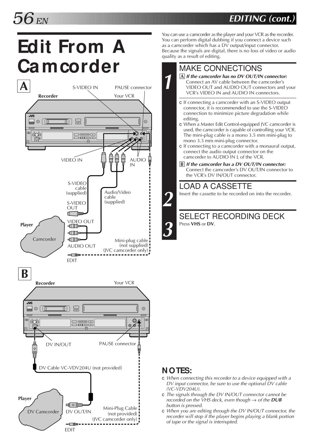 JVC Model HR-DVS1U manual Edit From a Camcorder, Make Connections, Load a Cassette, Select Recording Deck 