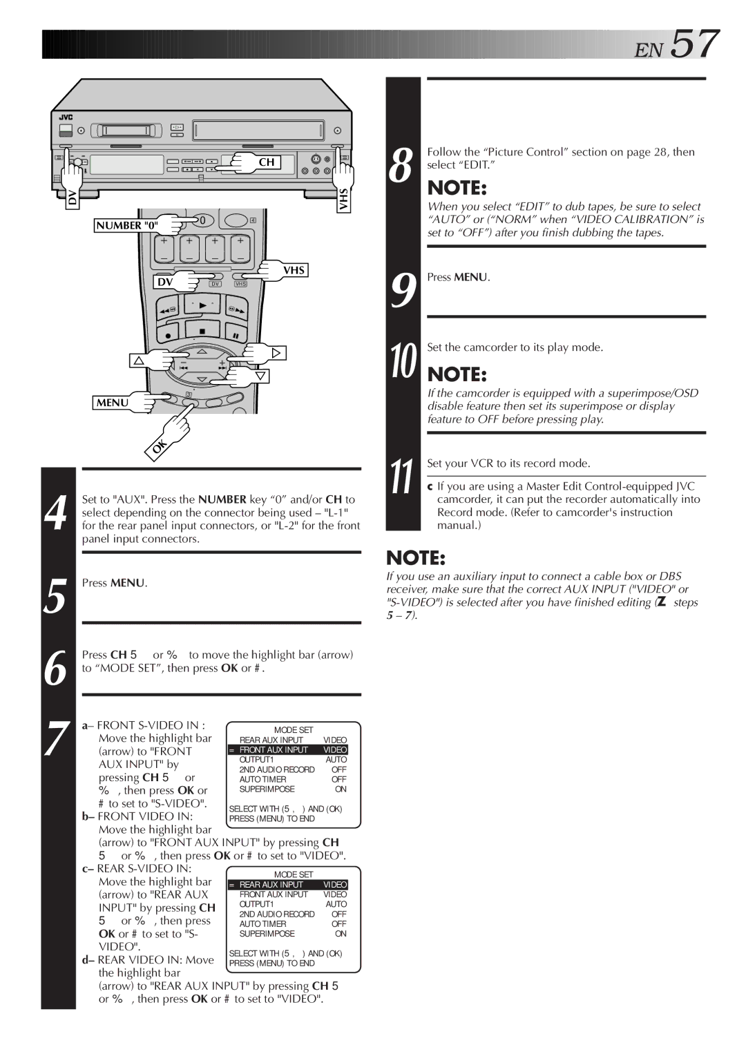 JVC Model HR-DVS1U manual Select AUX Input SET Mode, Select Edit for Picture, Control SET Mode, VHS Deck only, Start Player 
