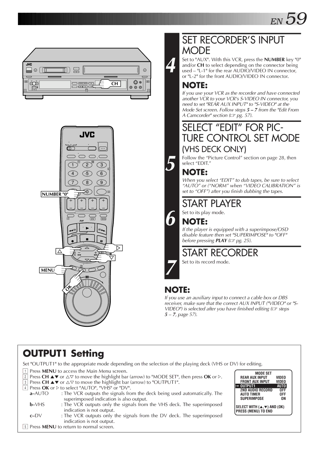 JVC Model HR-DVS1U manual SET RECORDER’S Input Mode, Select Edit for PIC, Start Player, Start Recorder, OUTPUT1 Setting 