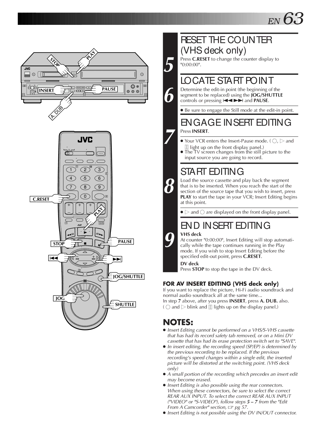 JVC Model HR-DVS1U manual Reset the Counter, Engage Insert Editing, Start Editing, END Insert Editing 