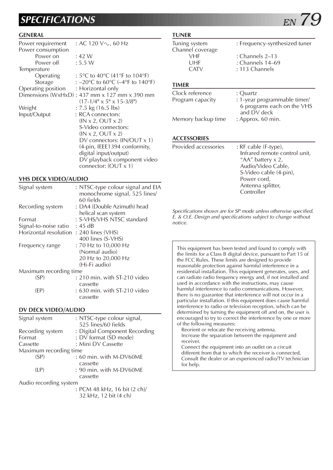 JVC Model HR-DVS1U manual Speci Fications 