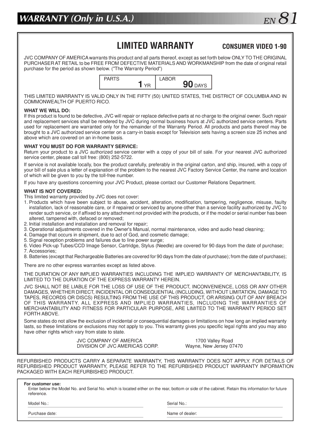 JVC Model HR-DVS1U manual Warranty Only in U.S.A. EN, Limited Warranty 