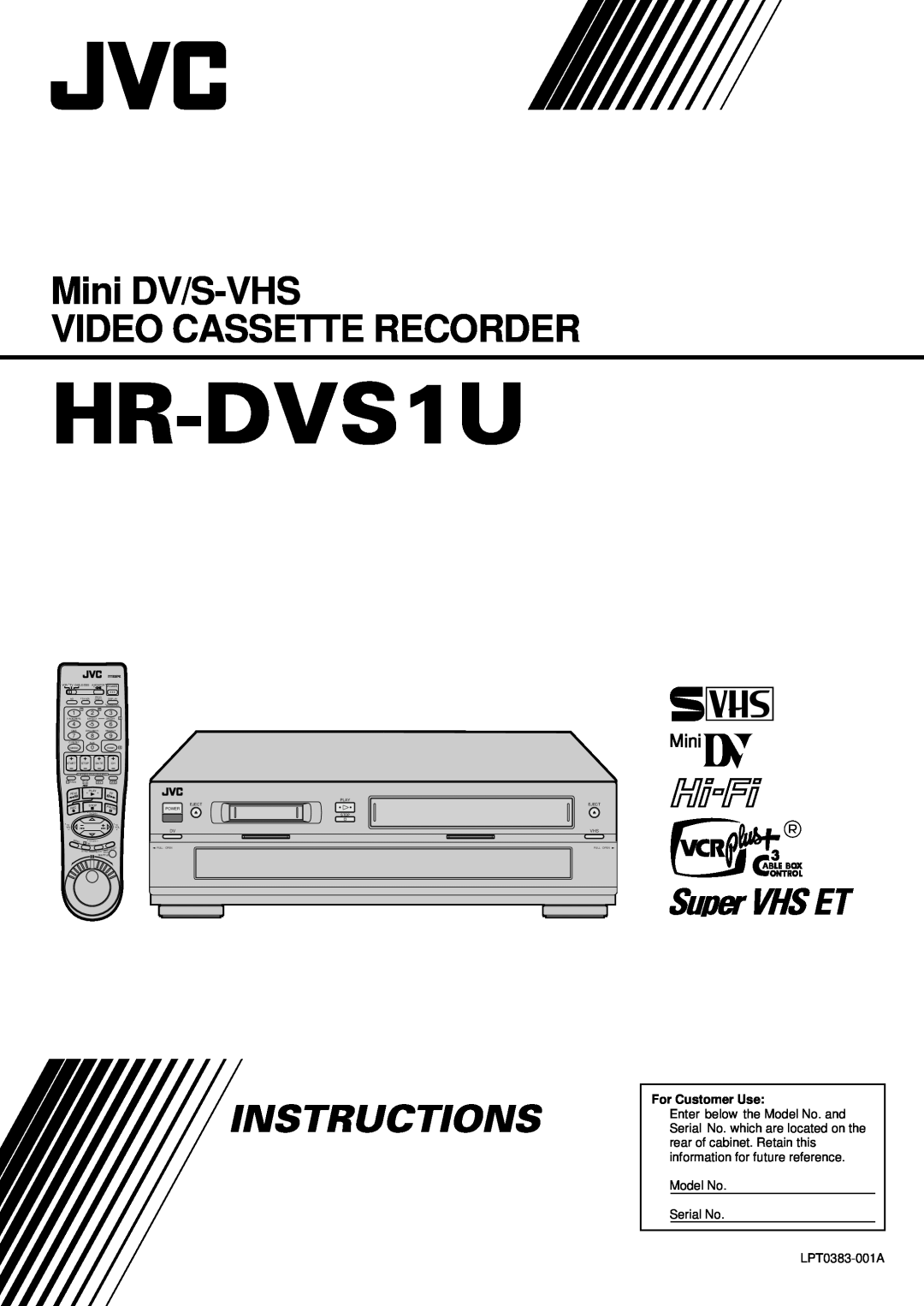 JVC Model HR-DVS1U manual Mini DV/S-VHS VIDEO CASSETTE RECORDER, Instructions, For Customer Use, Model No Serial No, Play 