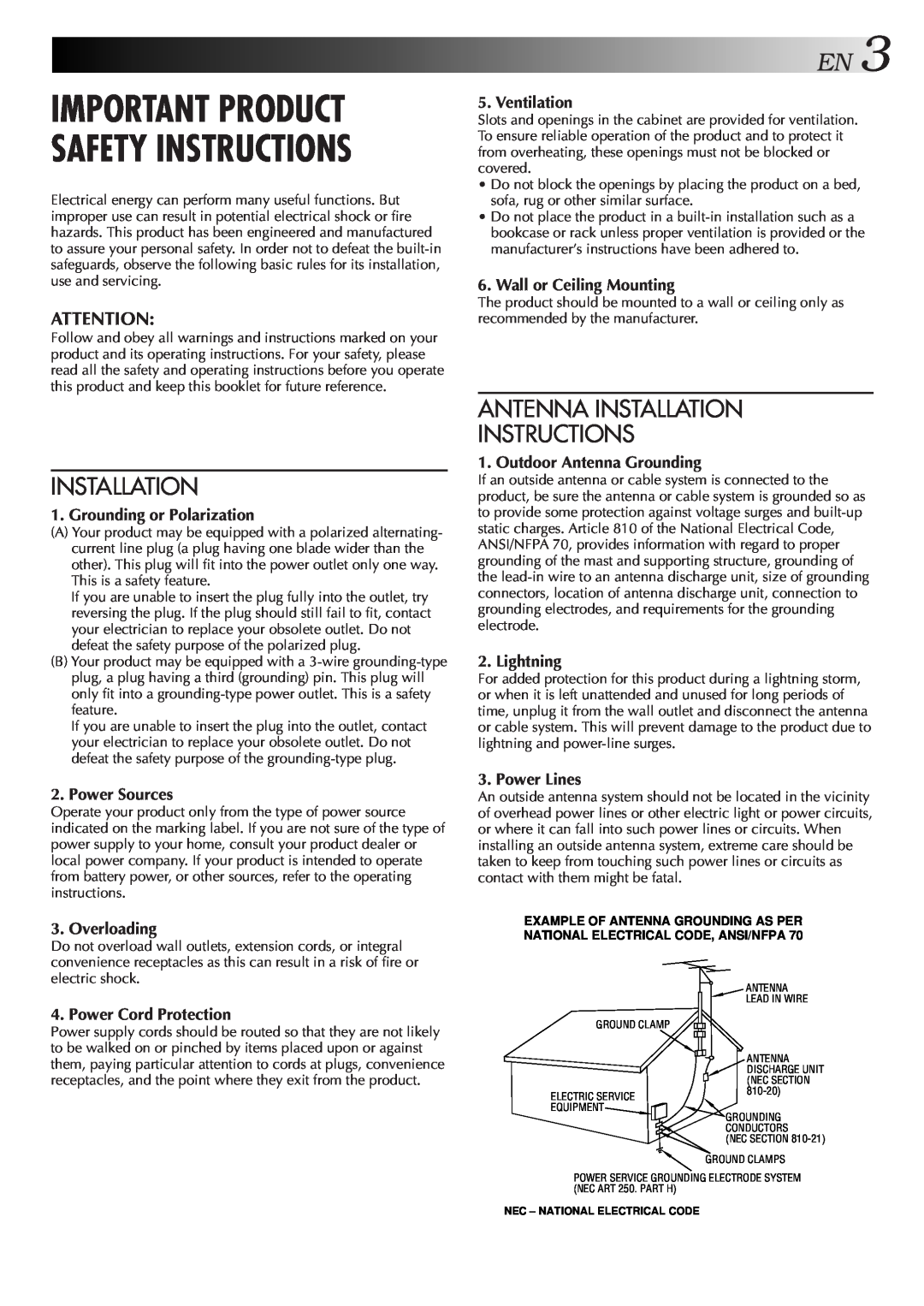 JVC Model HR-DVS1U manual Important Product Safety Instructions, Antenna Installation Instructions 