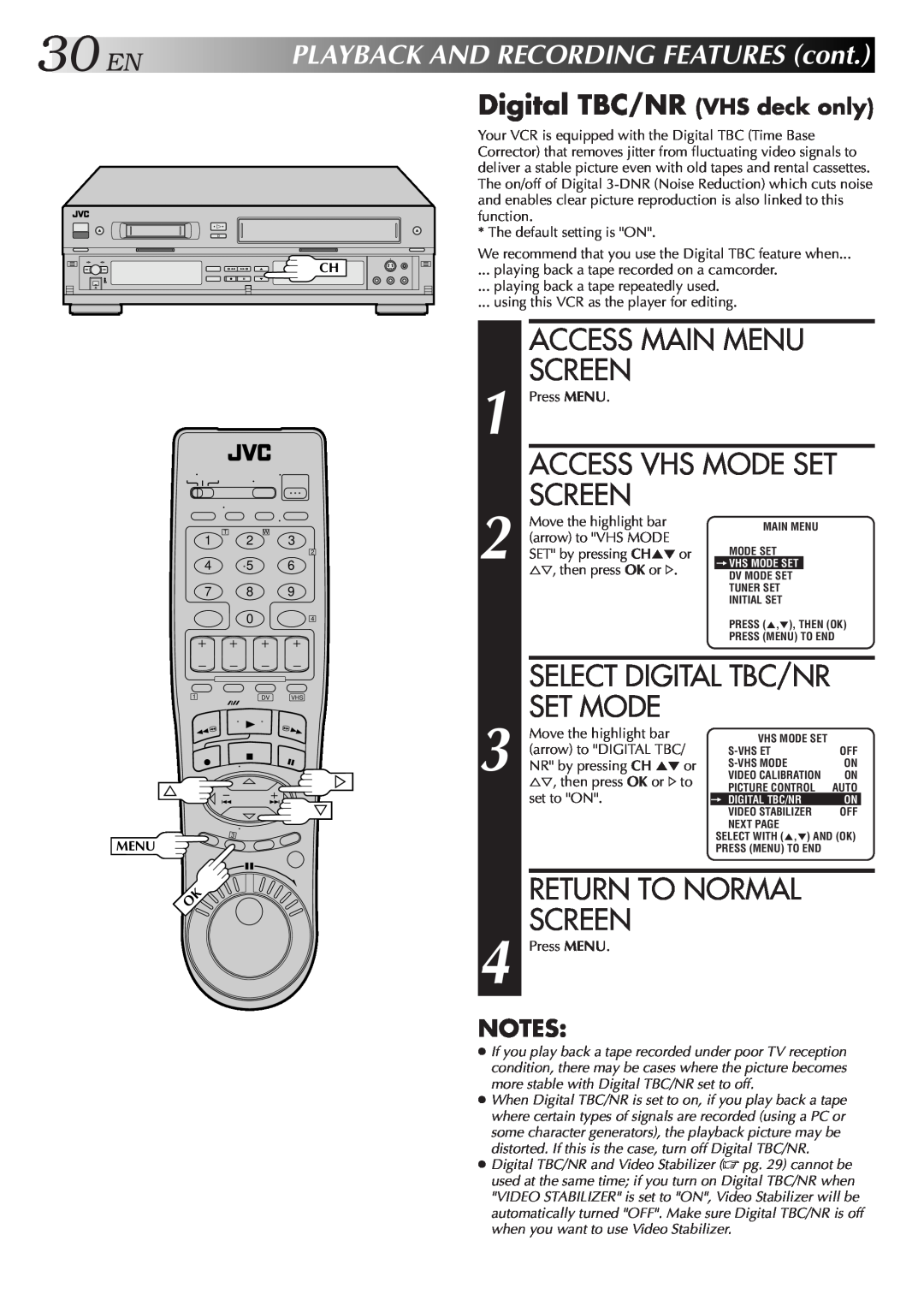 JVC Model HR-DVS1U manual 30EN, Digital TBC/NR VHS deck only, Select Digital Tbc/Nr, Access Main Menu, Screen, Set Mode 