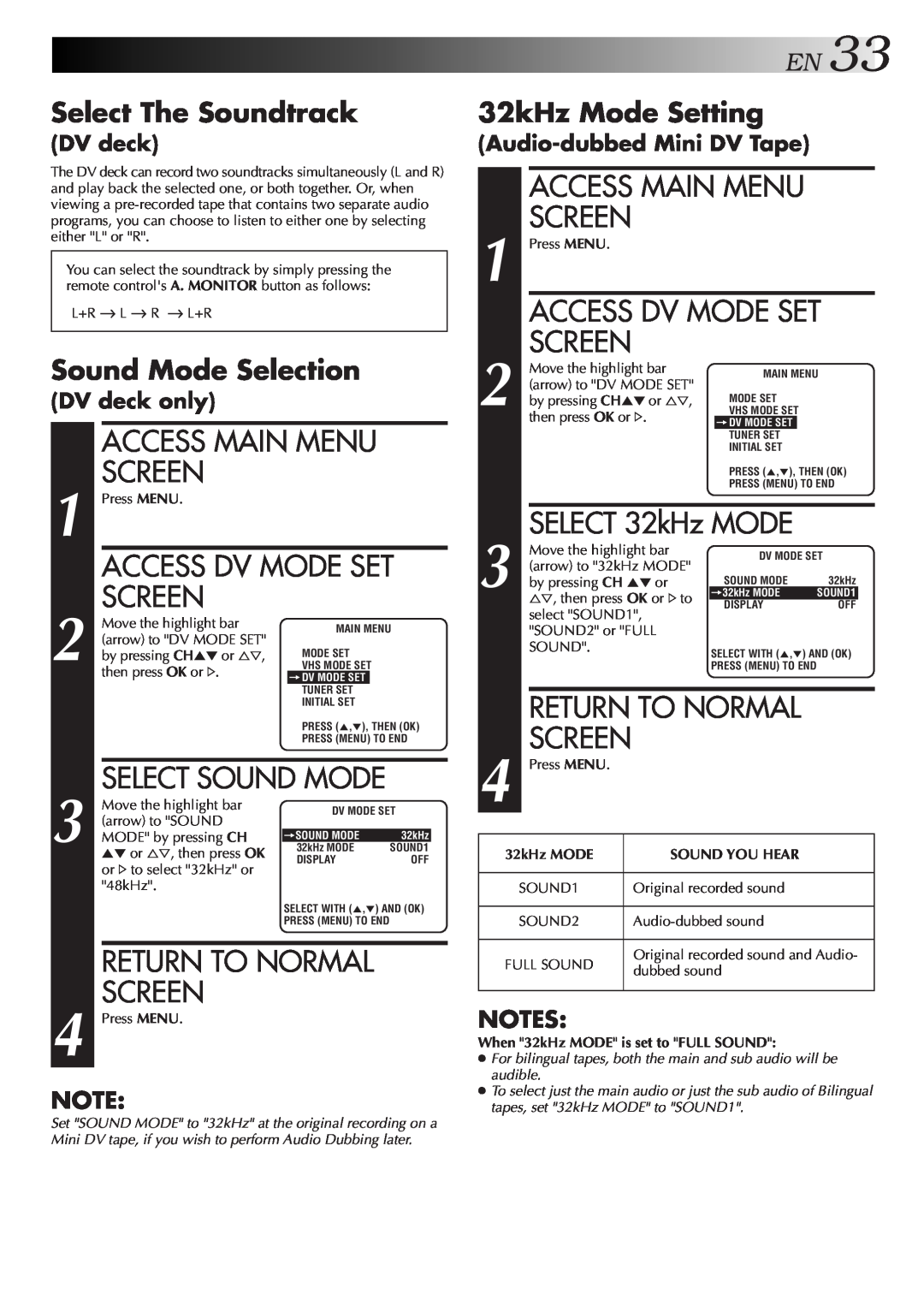 JVC Model HR-DVS1U manual Select Sound Mode, EN33 