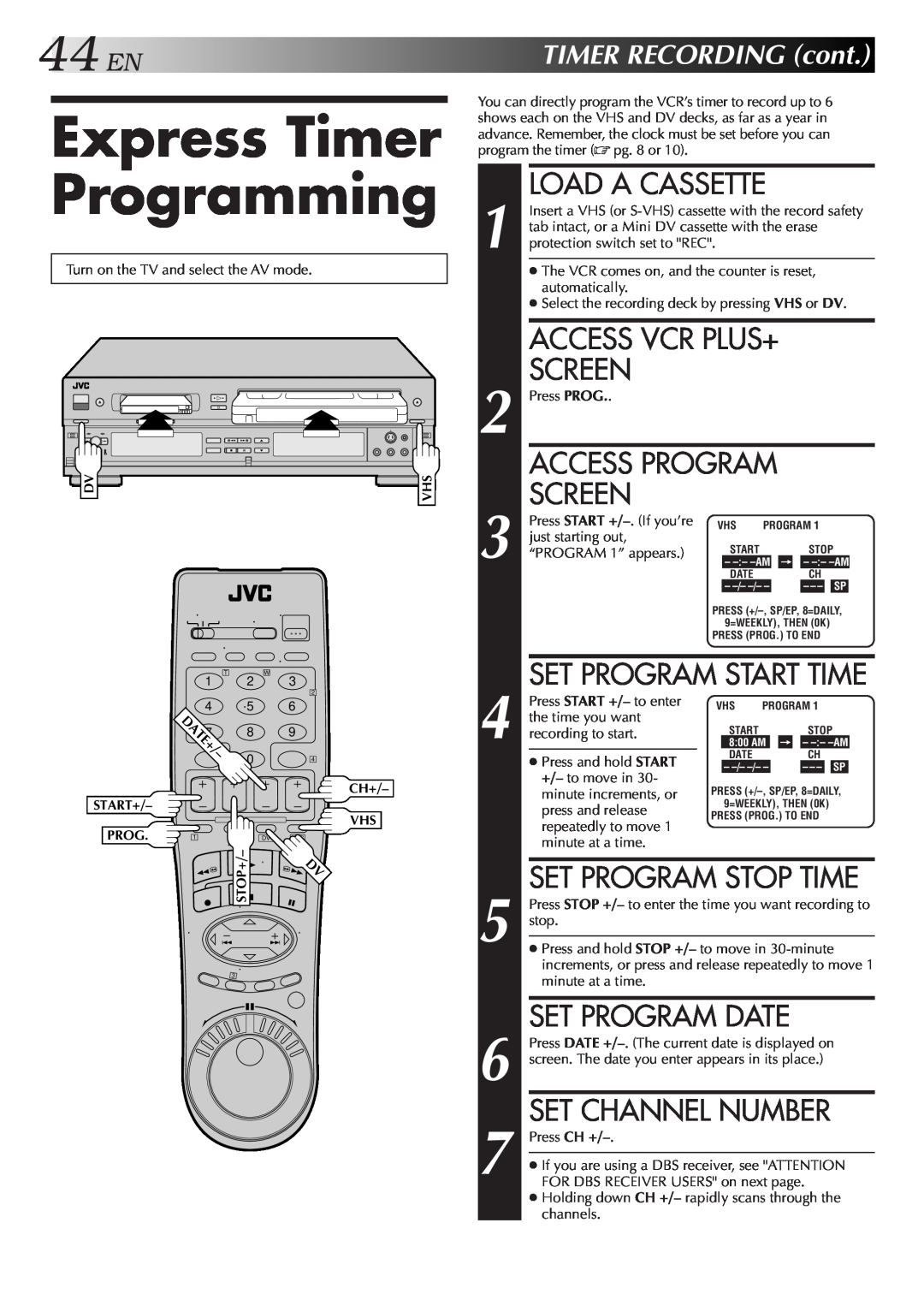 JVC Model HR-DVS1U manual Express Timer Programming, Set Program Date, Set Channel Number, 44ENTIMERRECORDINGcont, Screen 