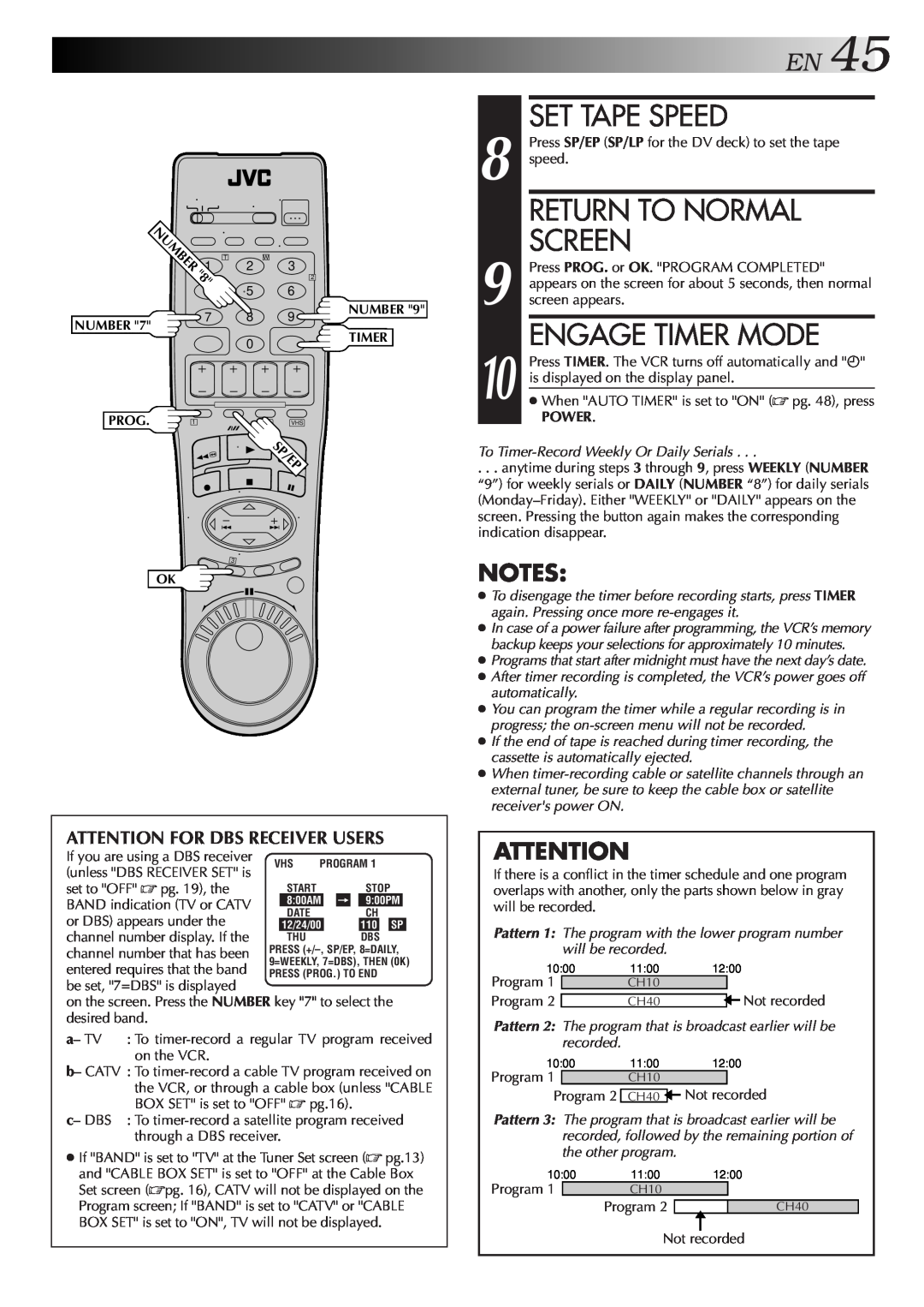 JVC Model HR-DVS1U manual EN45, S P/Ep, Set Tape Speed, Return To Normal, Screen, Engage Timer Mode, Power 