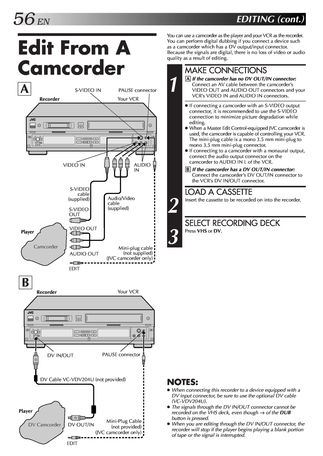 JVC Model HR-DVS1U Edit From A Camcorder, 56EN, Make Connections, Load A Cassette, Select Recording Deck, EDITINGcont 