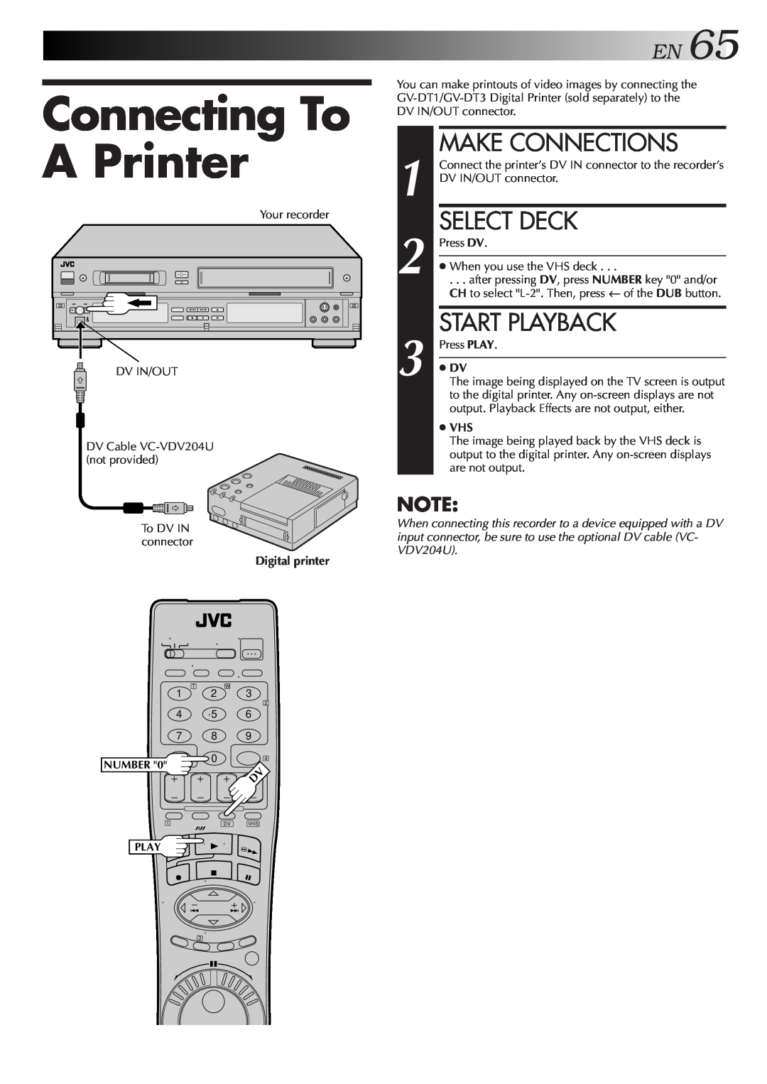 JVC Model HR-DVS1U manual Connecting To A Printer, EN65, Make Connections, Select Deck, Start Playback, Digital printer 