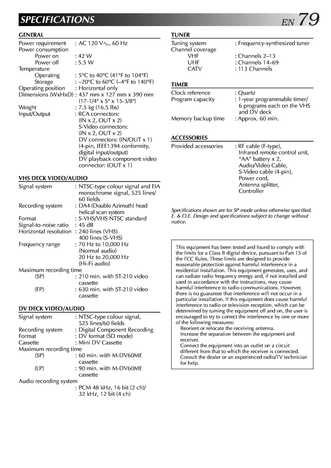 JVC Model HR-DVS1U manual Specifications, EN79 