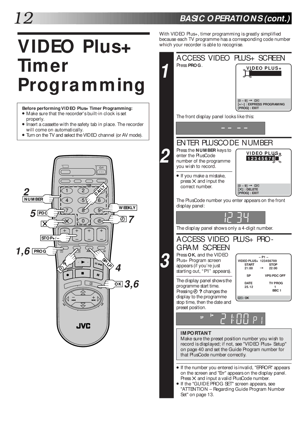 JVC Model HR-J660EK setup guide Video Plus+ Timer Programming 