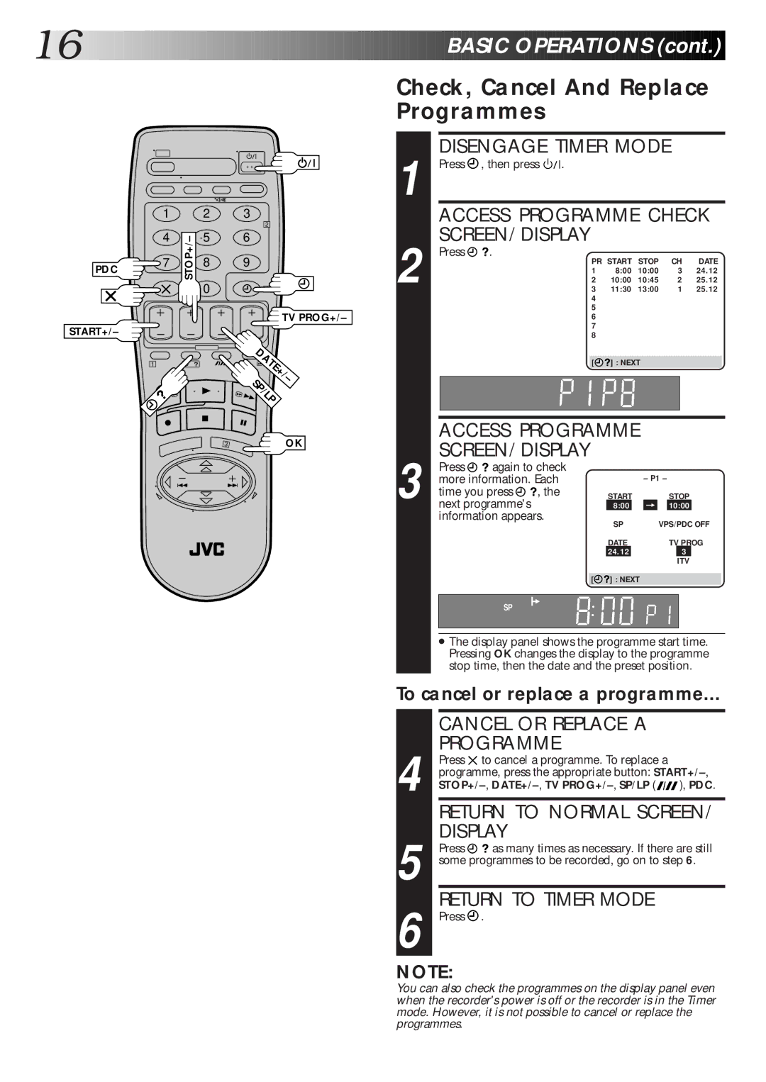 JVC Model HR-J660EK setup guide Check, Cancel And Replace Programmes 