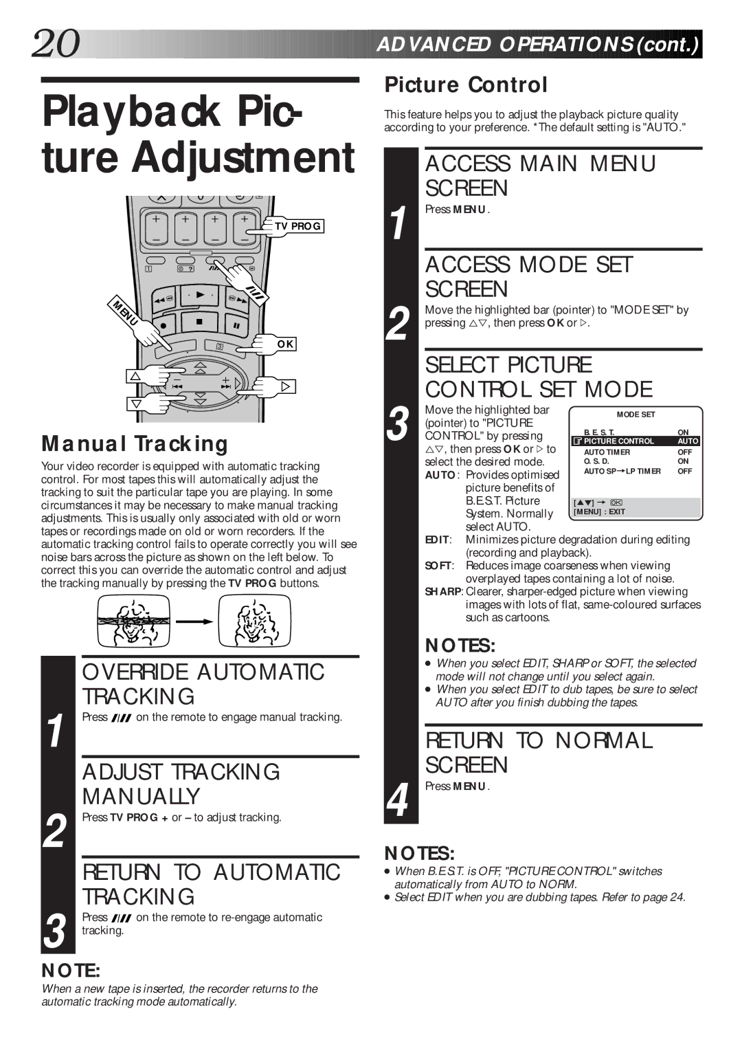 JVC Model HR-J660EK Access Main Menu, Access Mode SET, Select Picture Control SET Mode, Override Automatic Tracking 