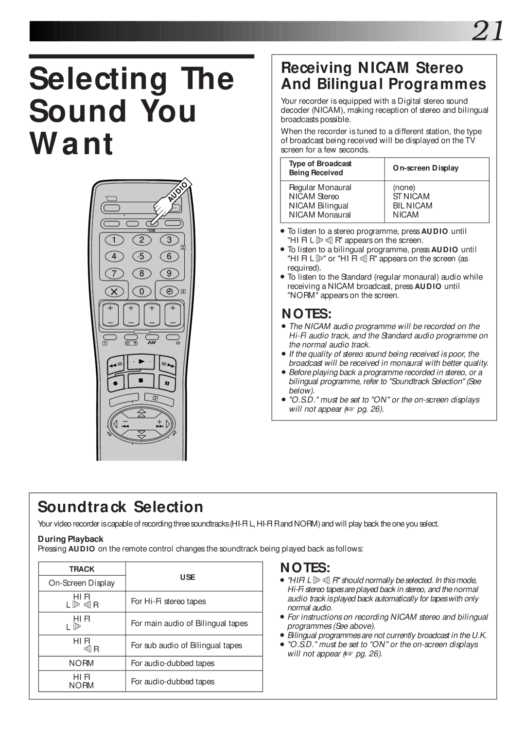 JVC Model HR-J660EK Selecting Sound You Want, Receiving Nicam Stereo And Bilingual Programmes, Soundtrack Selection 