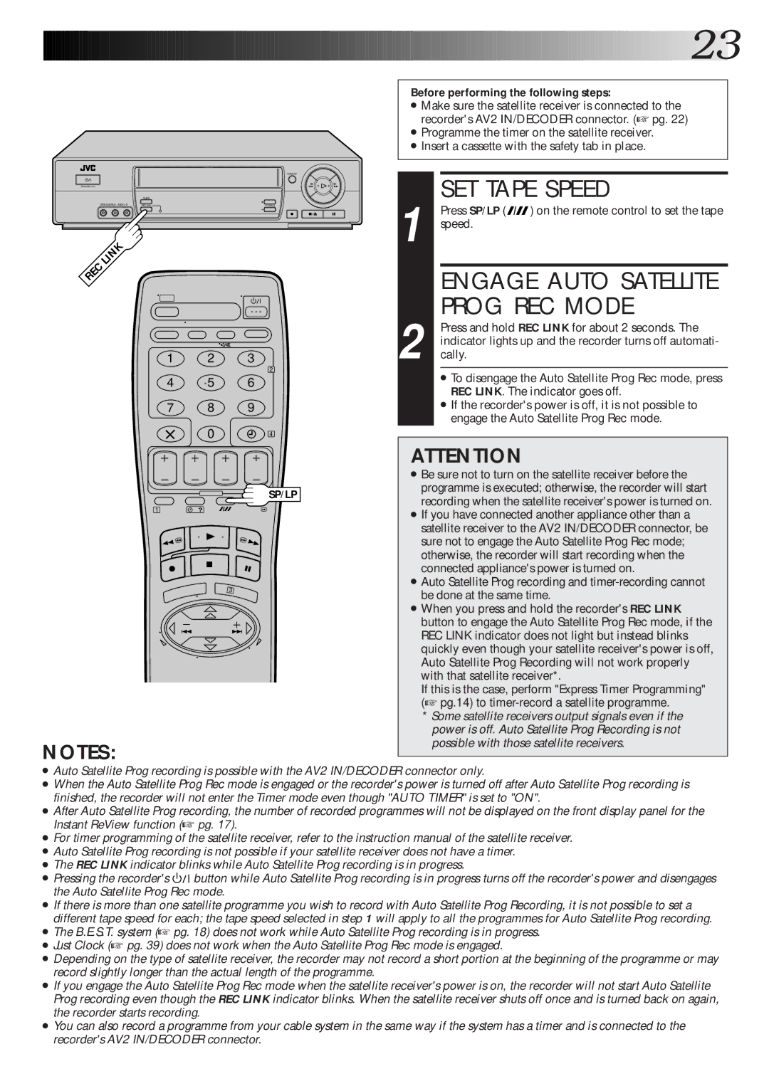 JVC Model HR-J660EK setup guide Engage Auto Satellite Prog REC Mode, Before performing the following steps 