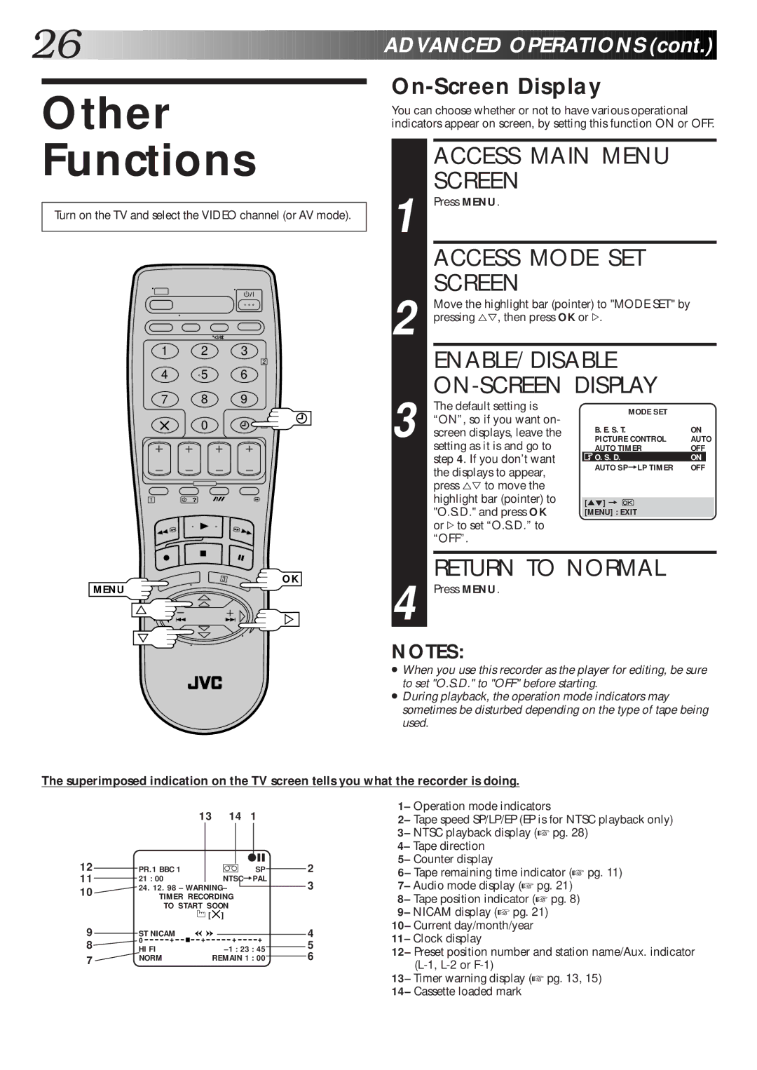 JVC Model HR-J660EK Other Functions, Access Main Menu Screen, Access Mode SET Screen, ENABLE/DISABLE ON-SCREEN Display 