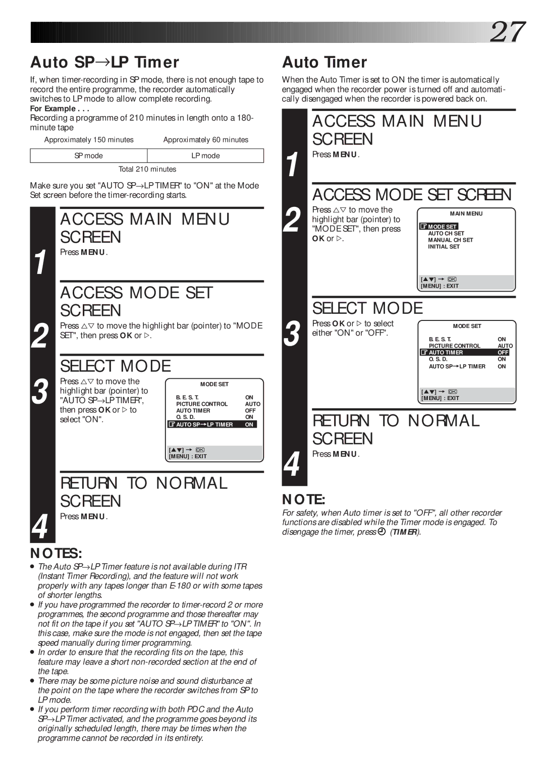 JVC Model HR-J660EK setup guide Select Mode, Auto SP→LP Timer, Auto Timer 