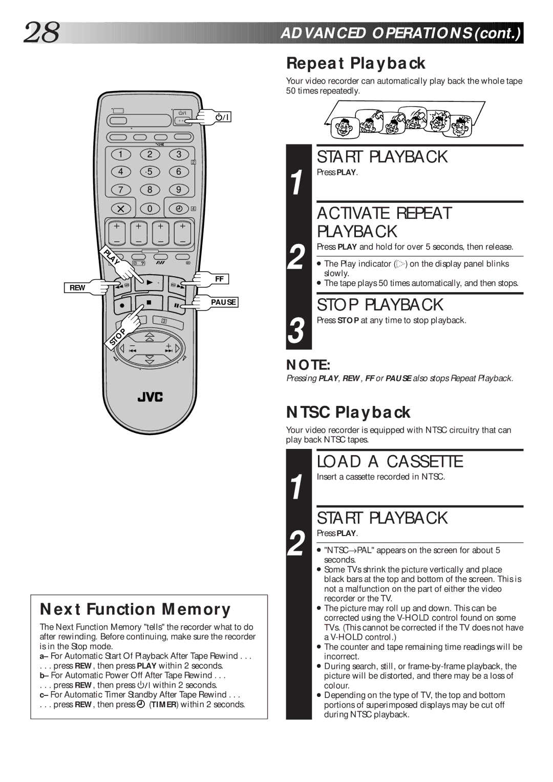 JVC Model HR-J660EK setup guide Activate Repeat, Repeat Playback, Ntsc Playback, Next Function Memory 