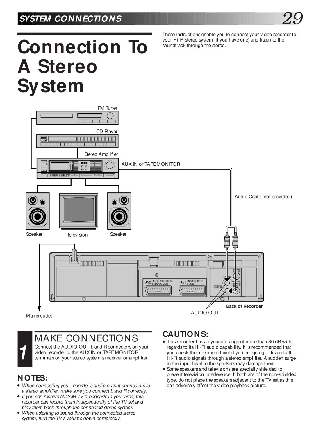 JVC Model HR-J660EK setup guide Connection To Stereo System, Audio Cable not provided Speaker 