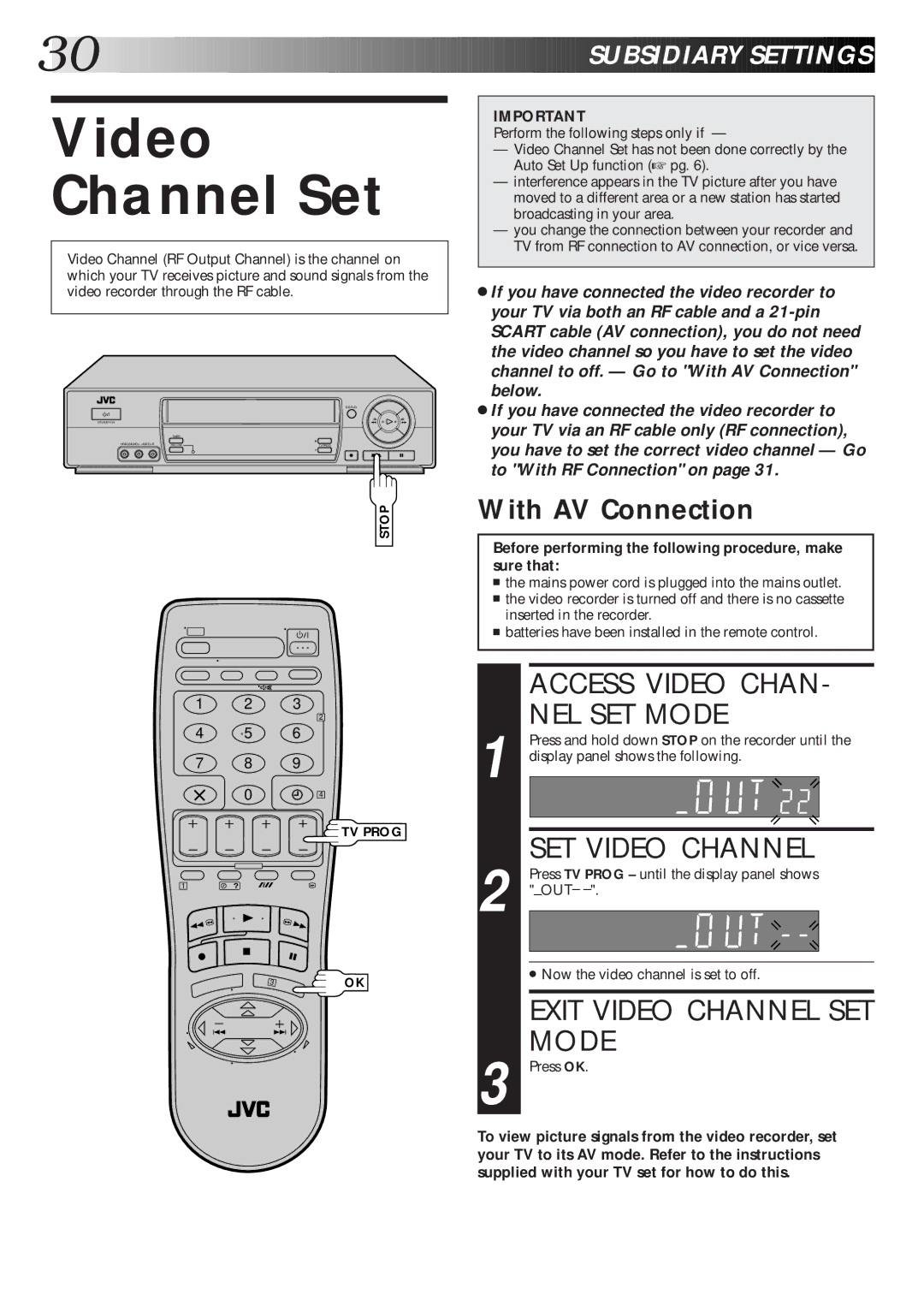 JVC Model HR-J660EK Video Channel Set, Access Video CHAN- NEL SET Mode, SET Video Channel, Exit Video Channel SET Mode 