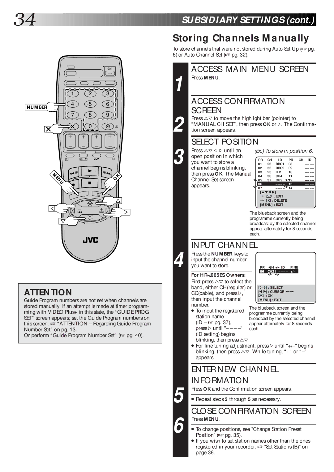 JVC Model HR-J660EK setup guide Storing Channels Manually 