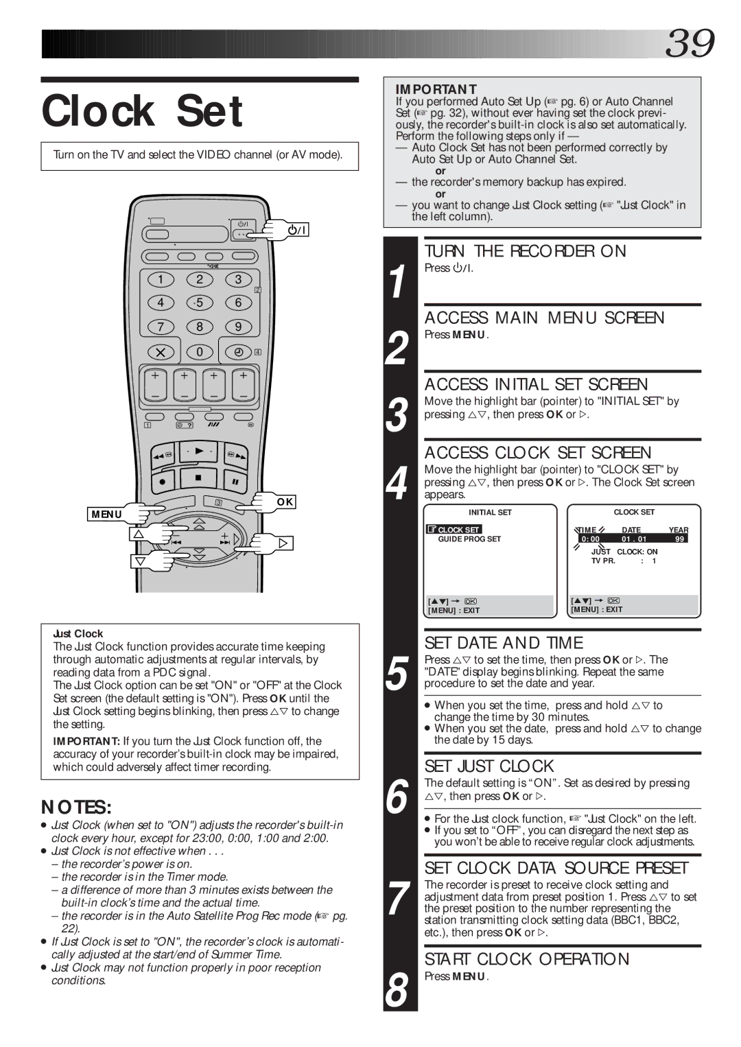 JVC Model HR-J660EK setup guide Clock Set, Just Clock 