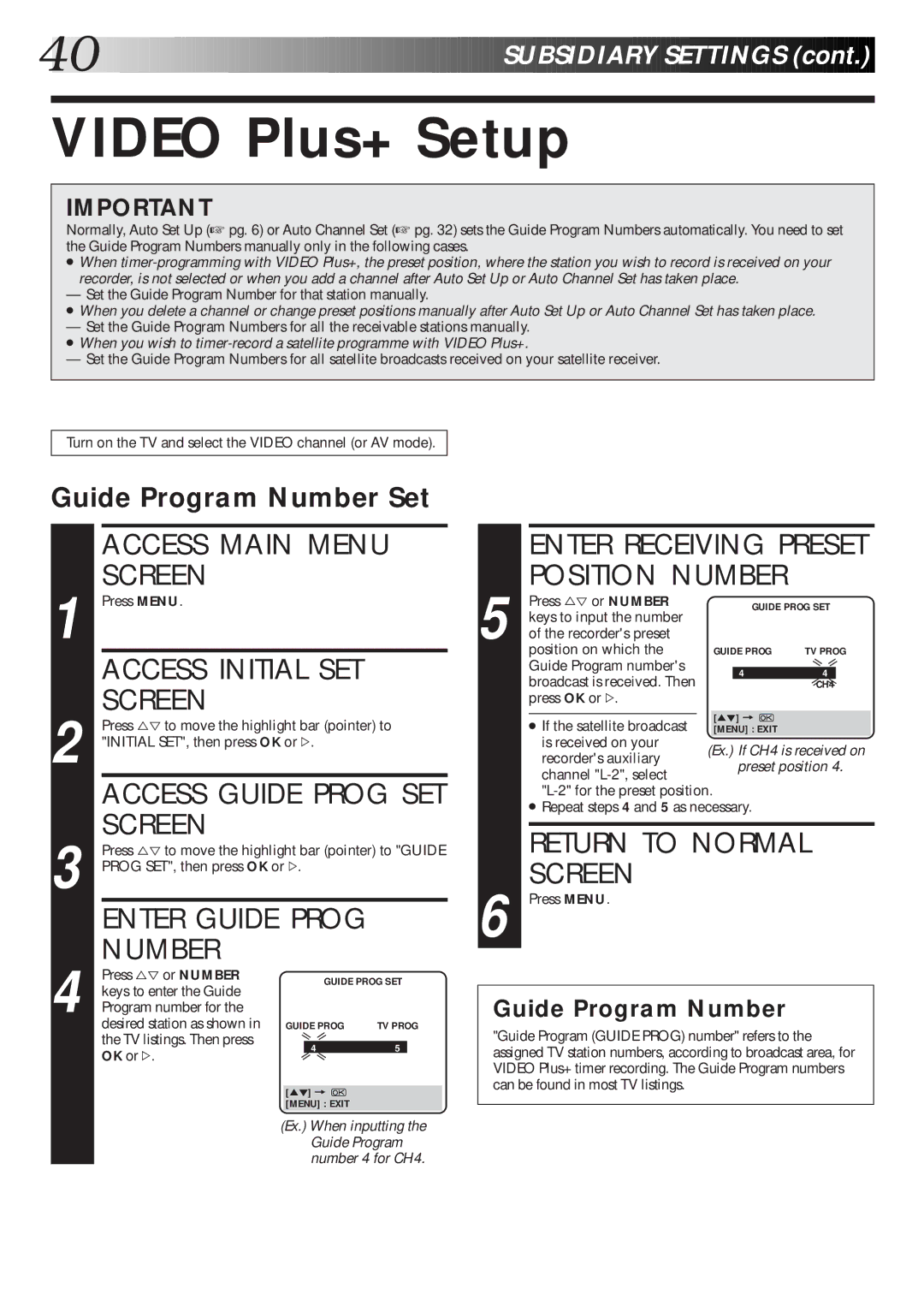 JVC Model HR-J660EK Video Plus+ Setup, Access Initial SET Screen, Access Guide Prog SET Screen, Enter Guide Prog Number 