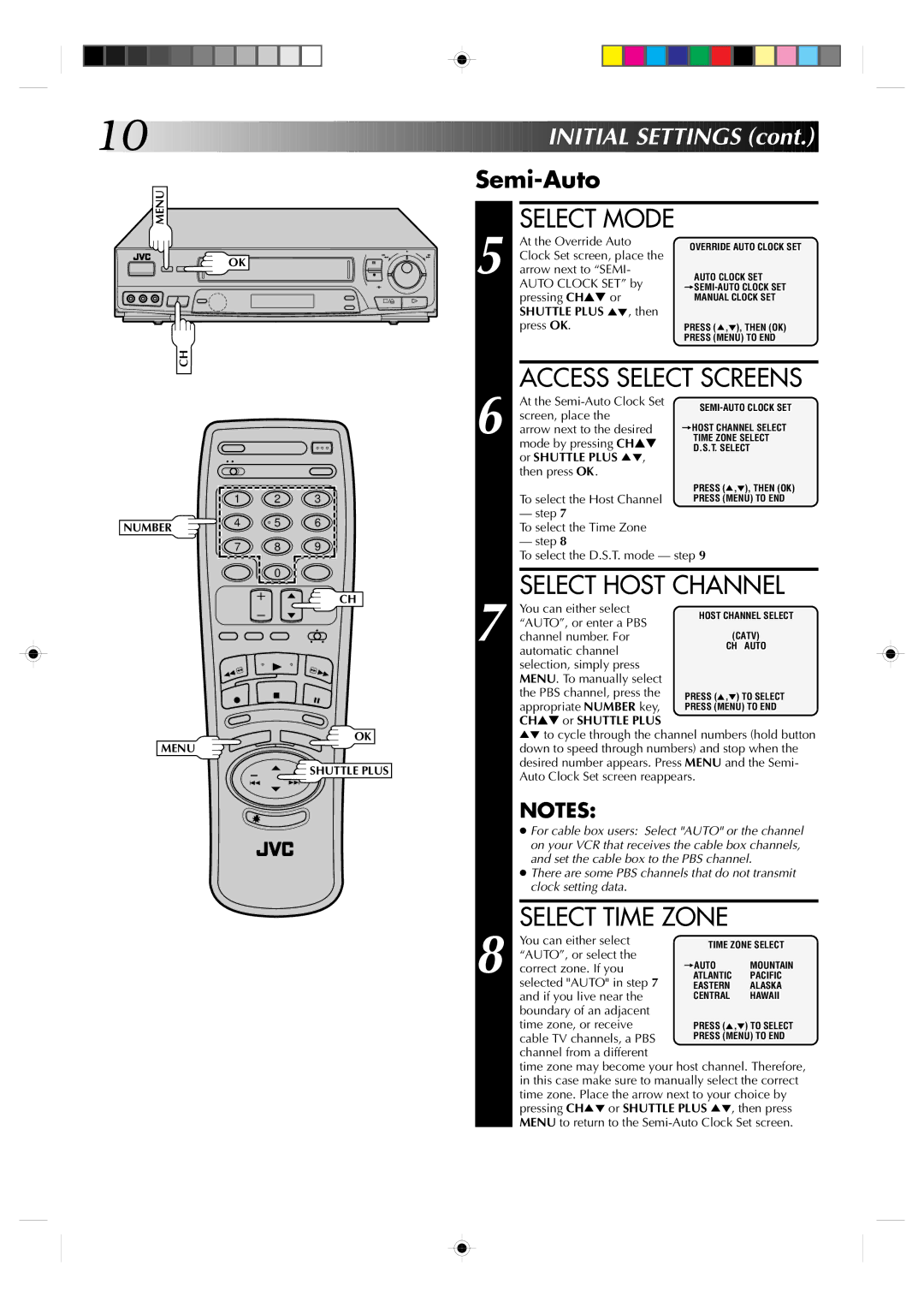 JVC Model HR-VP639U manual Select Host Channel, Select Time Zone, Semi-Auto, Or Shuttle Plus 