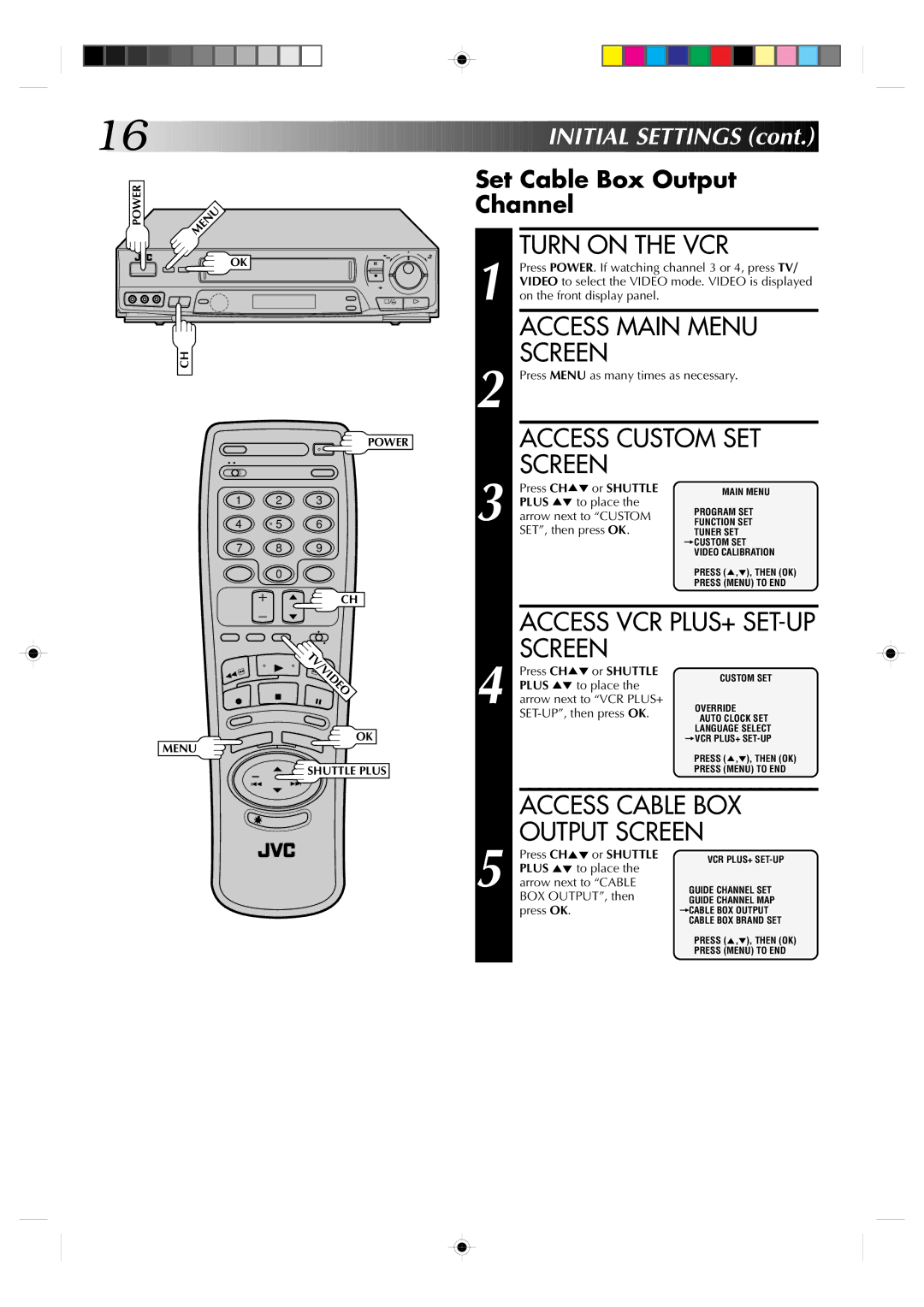 JVC Model HR-VP639U manual Access Cable BOX, Output Screen, Set Cable Box Output Channel 