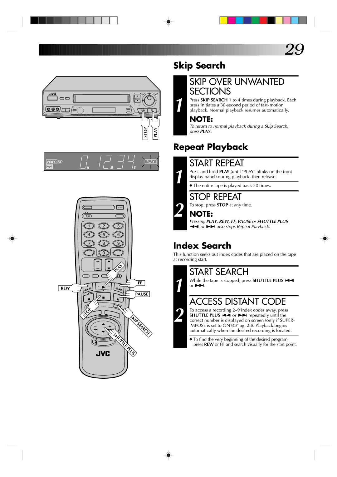 JVC Model HR-VP639U manual Skip Over Unwanted Sections, Start Repeat, Stop Repeat, Start Search, Access Distant Code 