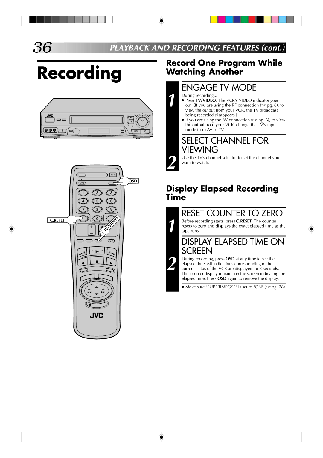 JVC Model HR-VP639U Engage TV Mode, Select Channel for Viewing, Reset Counter to Zero, Display Elapsed Time on Screen 