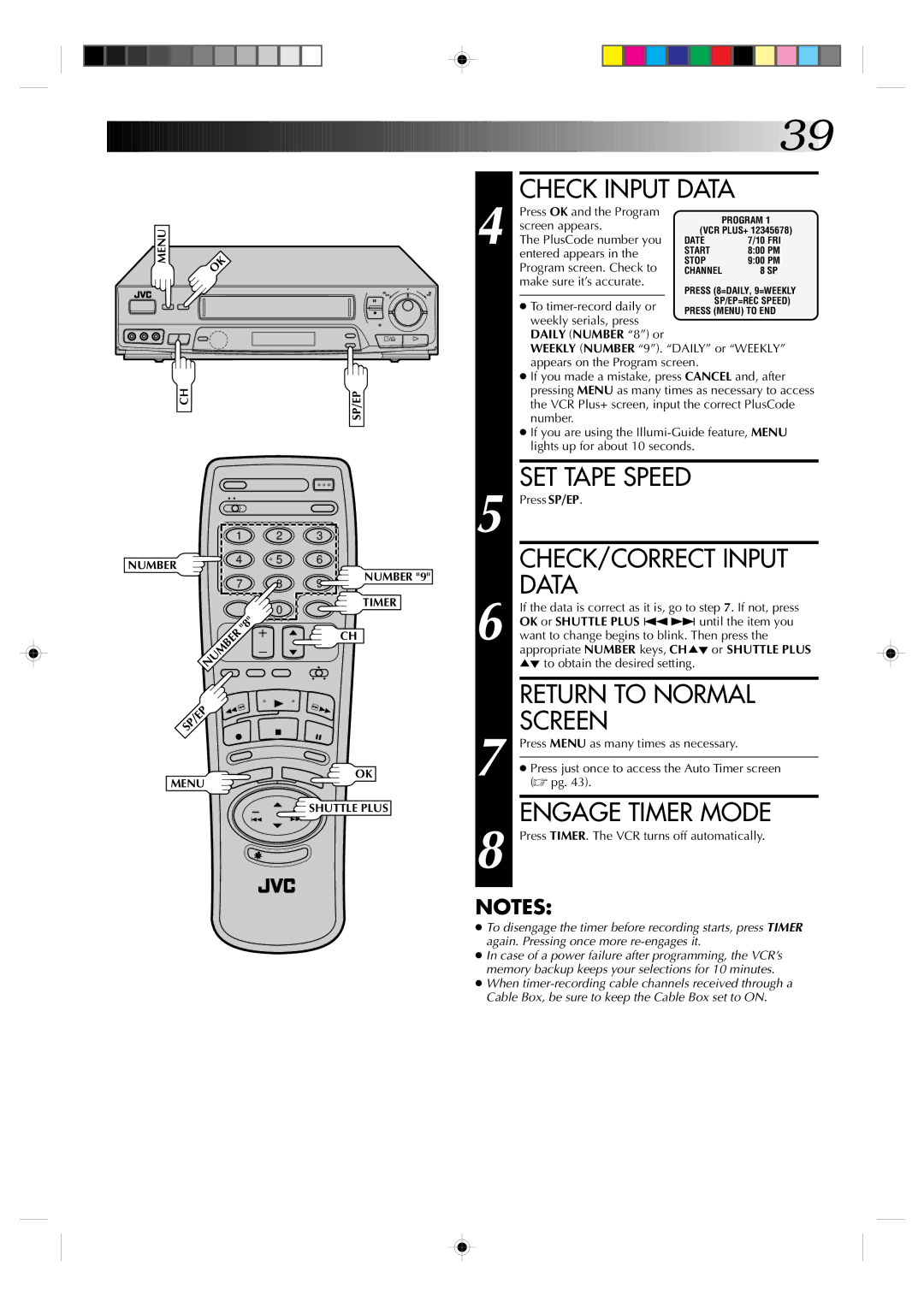 JVC Model HR-VP639U manual Check Input Data, CHECK/CORRECT Input, Engage Timer Mode 