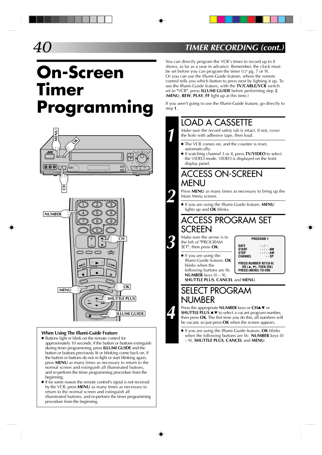 JVC Model HR-VP639U manual On-Screen Timer Programming, Access Program SET Screen 