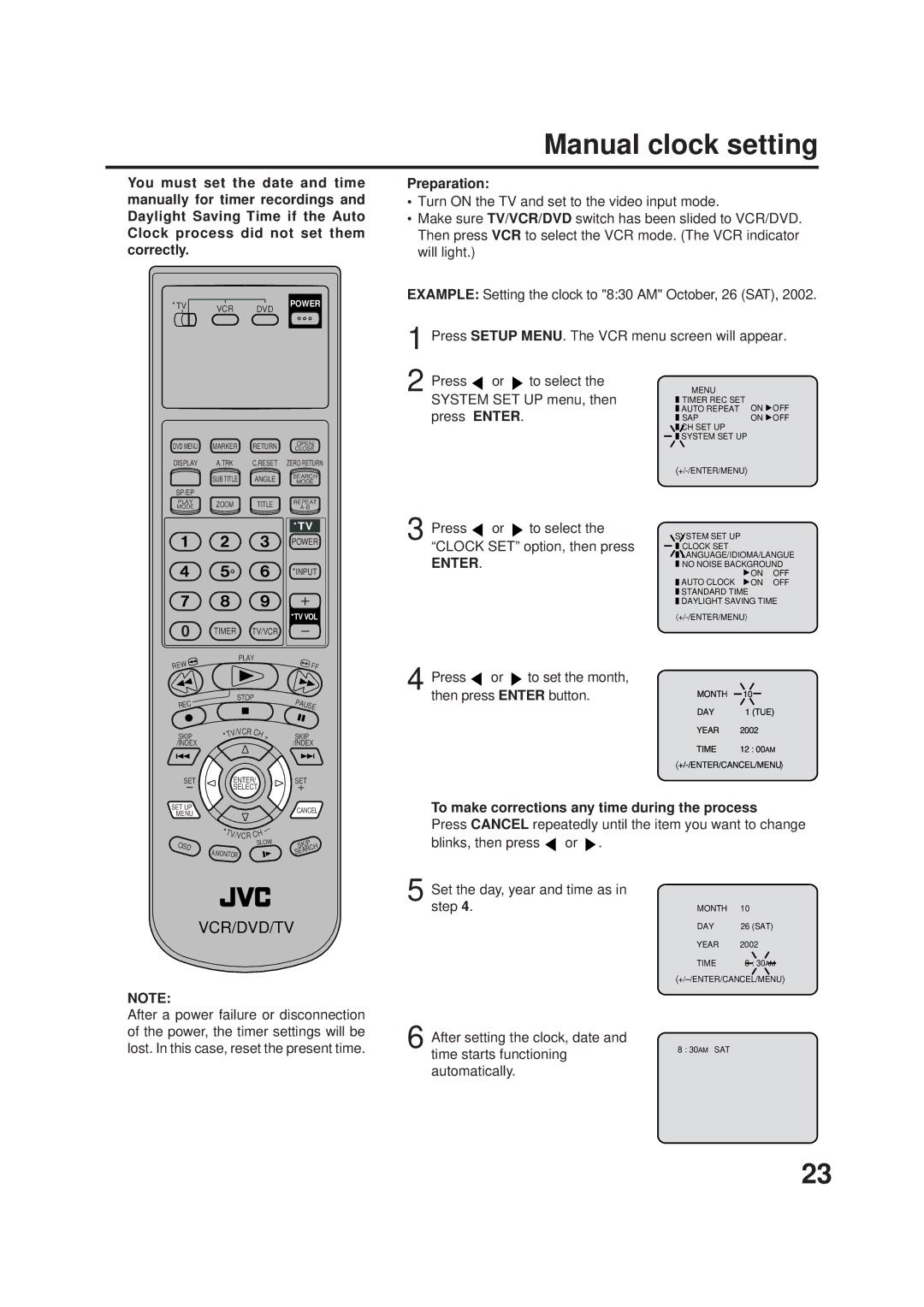 JVC Model HR-XVC1UJ manual Manual clock setting, To make corrections any time during the process 