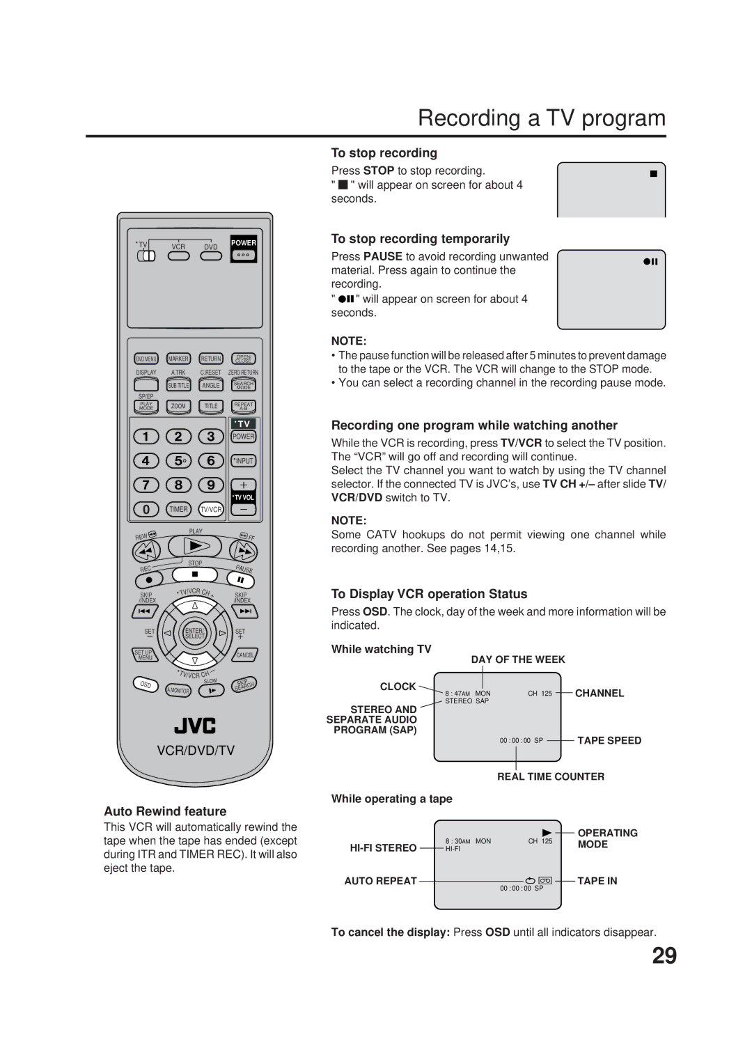 JVC Model HR-XVC1UJ manual Recording a TV program 