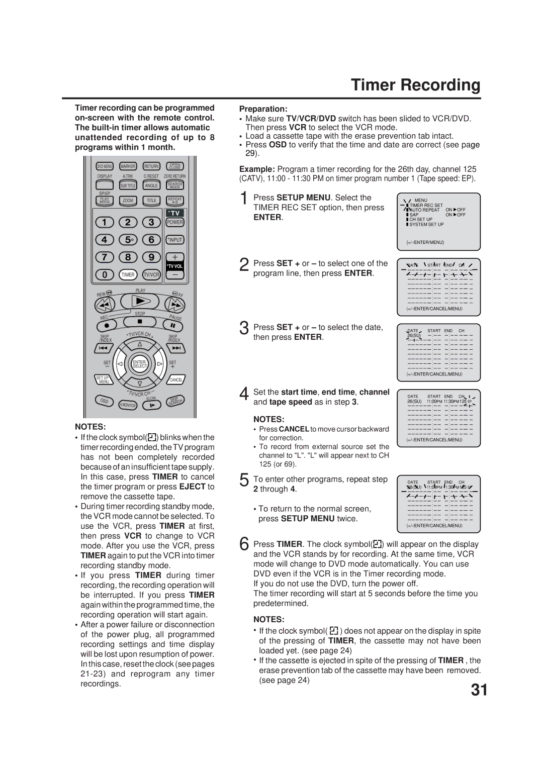 JVC Model HR-XVC1UJ manual Timer Recording, To enter other programs, repeat step, Through 