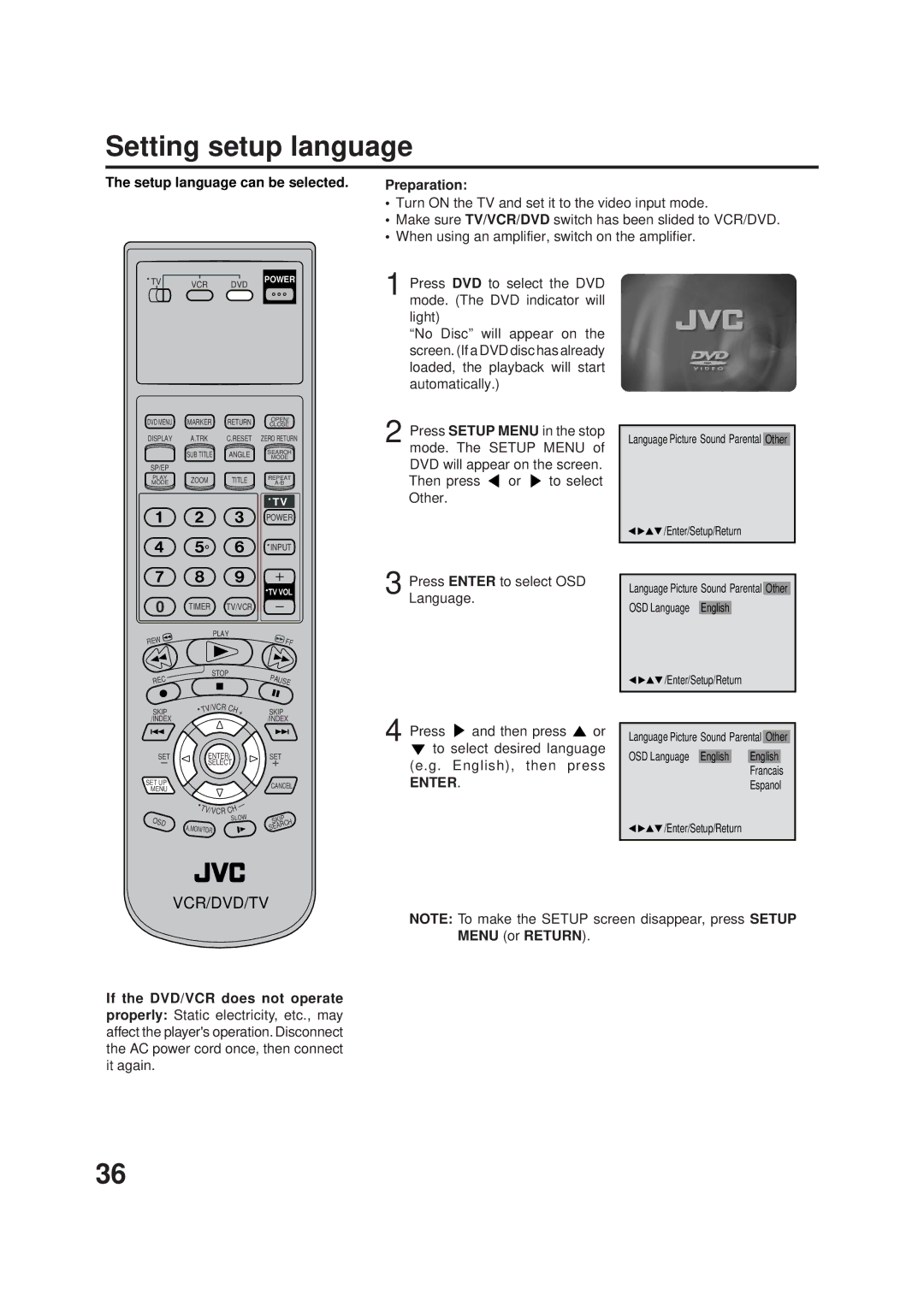 JVC Model HR-XVC1UJ manual Setting setup language, Setup language can be selected Preparation 