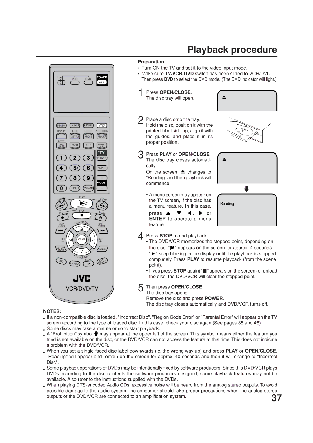 JVC Model HR-XVC1UJ manual Playback procedure, Turn on the TV and set it to the video input mode, Press OPEN/CLOSE 