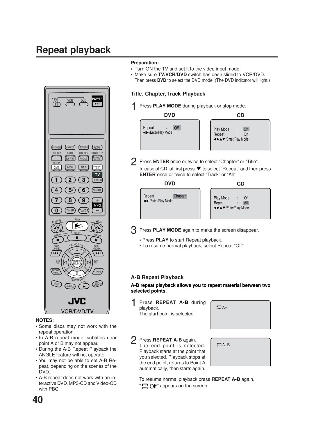 JVC Model HR-XVC1UJ manual Repeat playback, Title, Chapter, Track Playback, Press Play Mode during playback or stop mode 