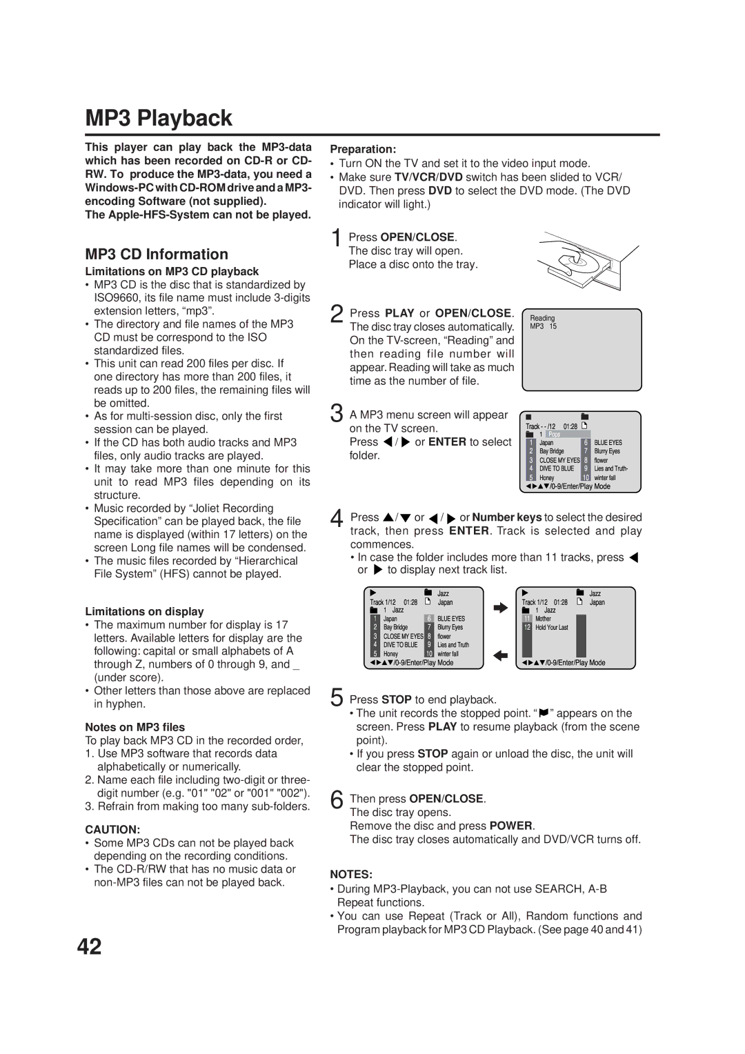 JVC Model HR-XVC1UJ manual MP3 Playback, MP3 CD Information, Limitations on MP3 CD playback, Limitations on display 