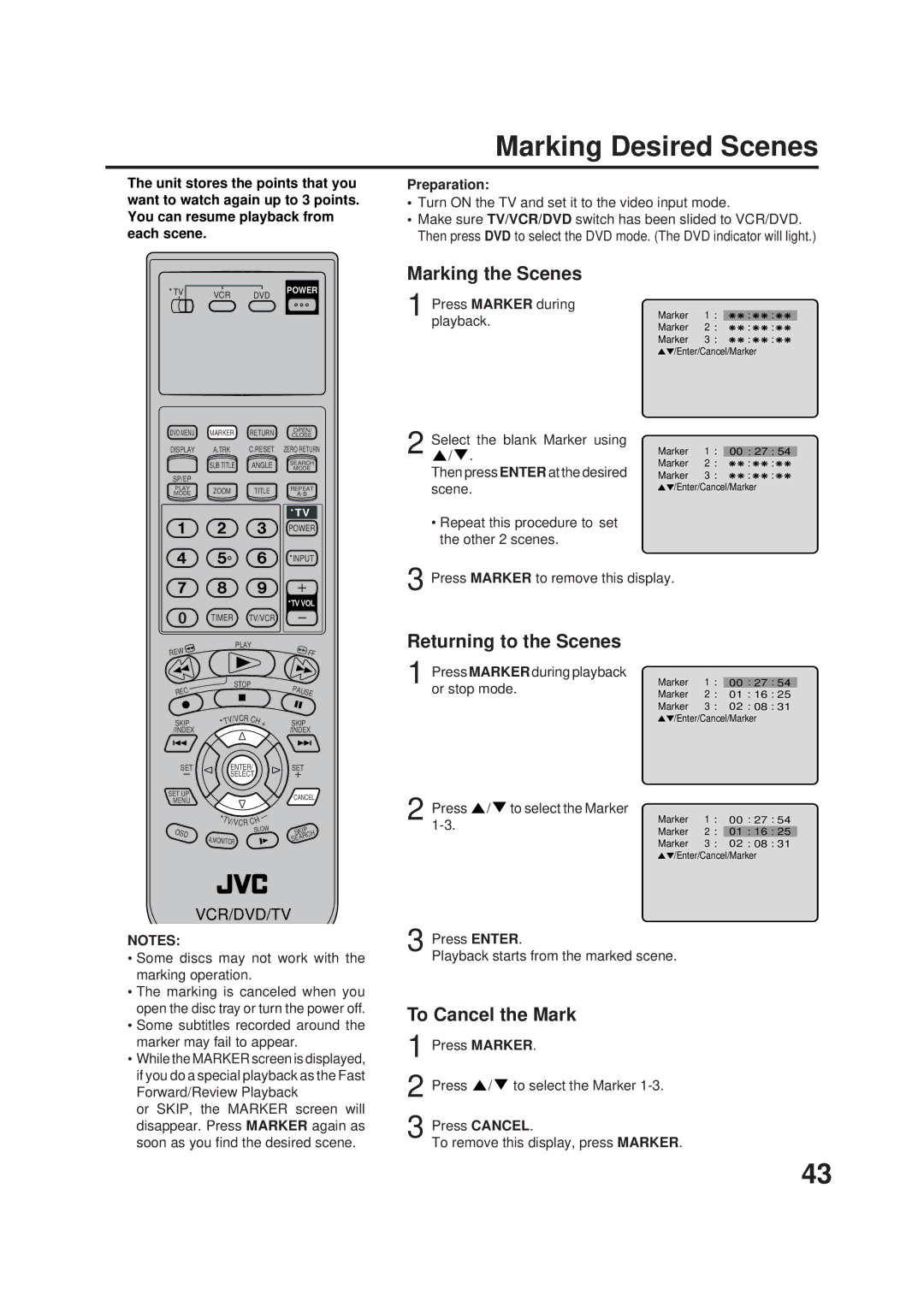 JVC Model HR-XVC1UJ manual Marking Desired Scenes, Marking the Scenes, Returning to the Scenes, To Cancel the Mark 