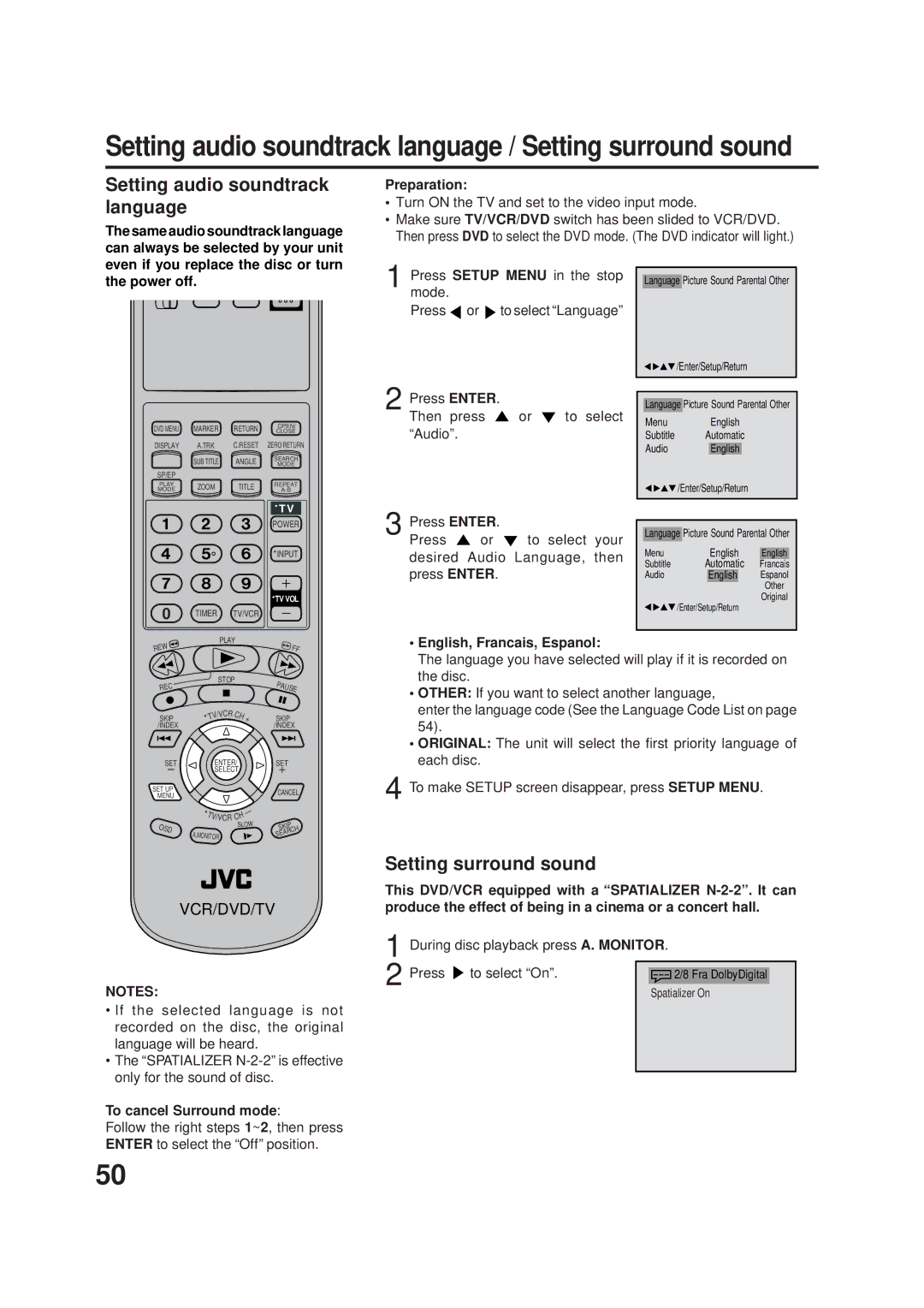 JVC Model HR-XVC1UJ manual Setting audio soundtrack language, Setting surround sound, Power off, To cancel Surround mode 