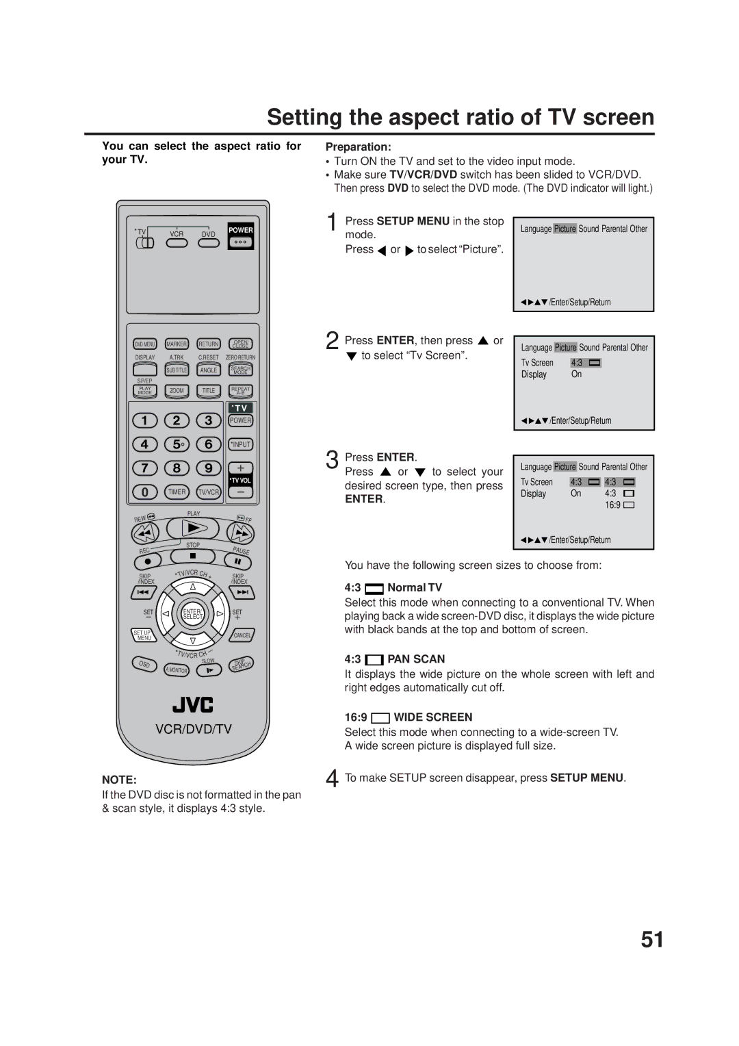 JVC Model HR-XVC1UJ manual Setting the aspect ratio of TV screen, You can select the aspect ratio for your TV Preparation 